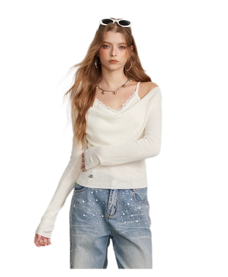 Draped Lace Trim Knit Top
