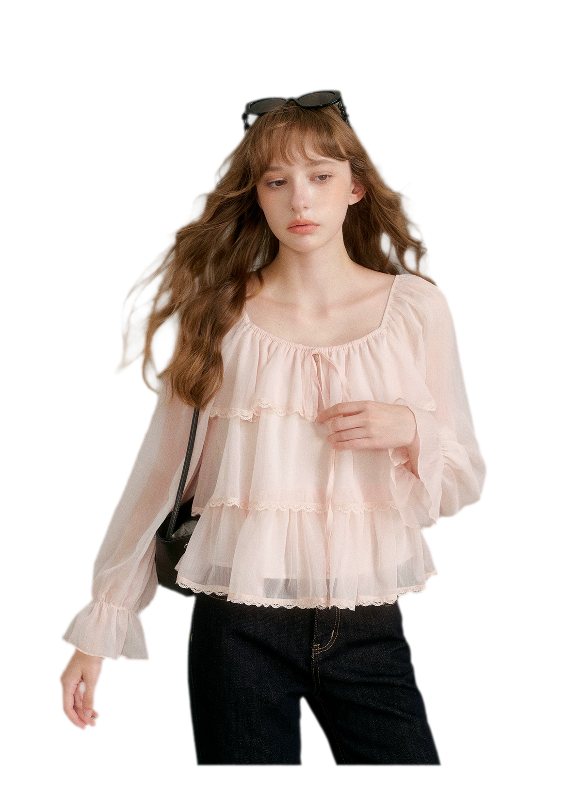 Chiffon Ruffle Lantern Sleeve Blouse