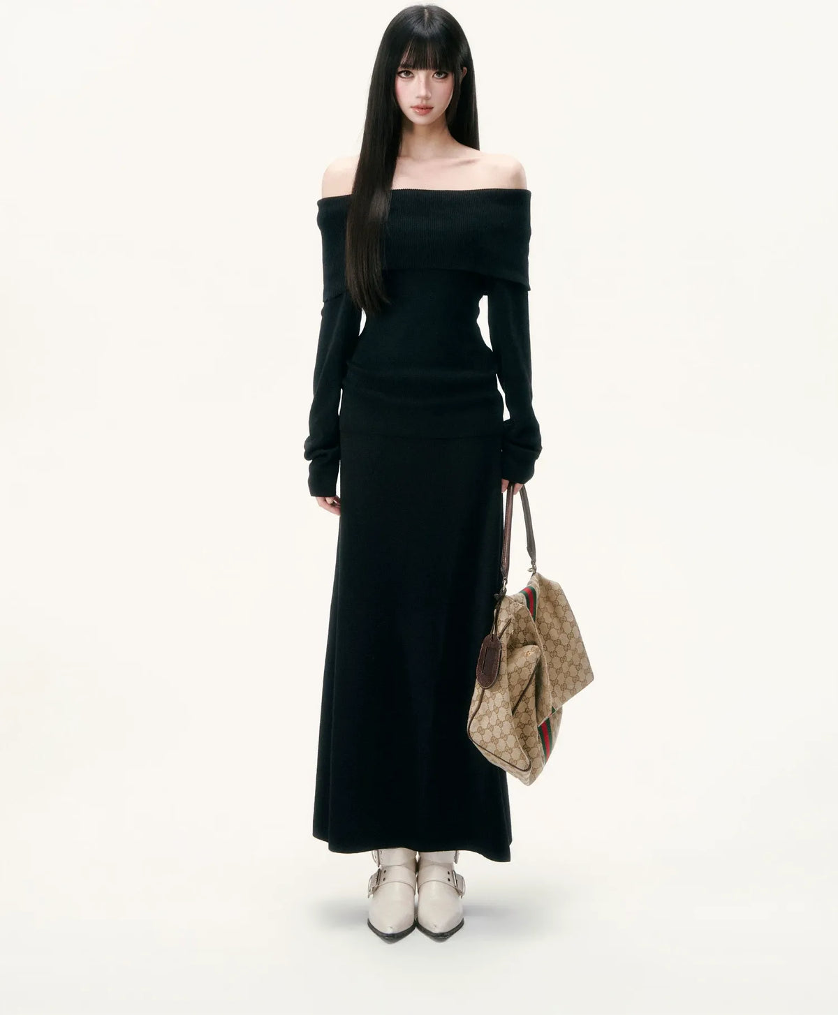 Wool Blend Off-Shoulder Skirt Set