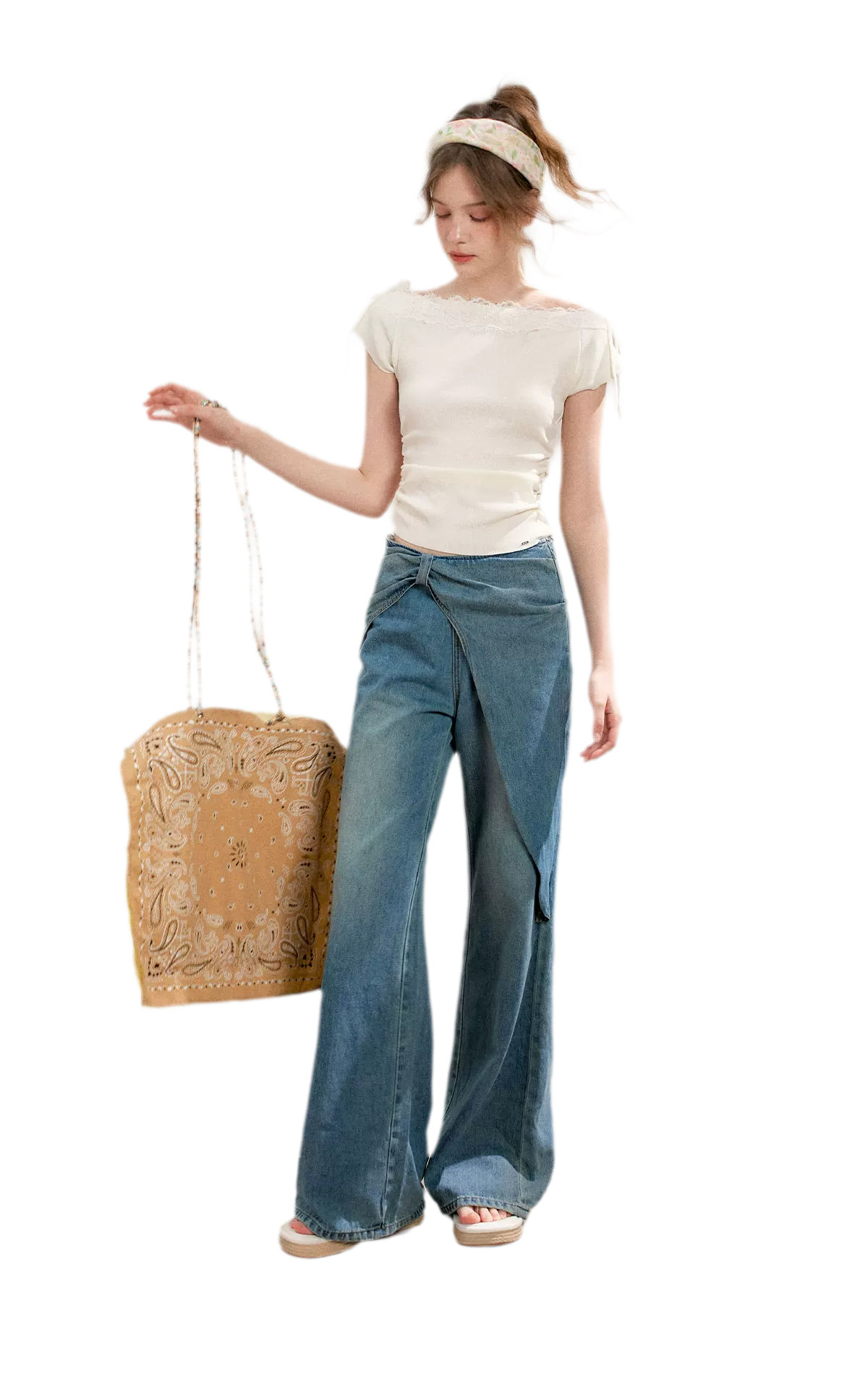 Lace Trim Off-Shoulder Knit Top & Denim Pants