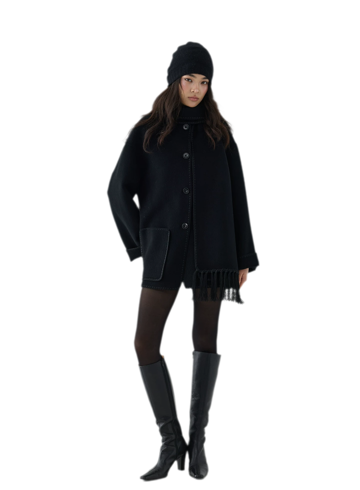 Double-Faced Wool Fringe Cape Coat