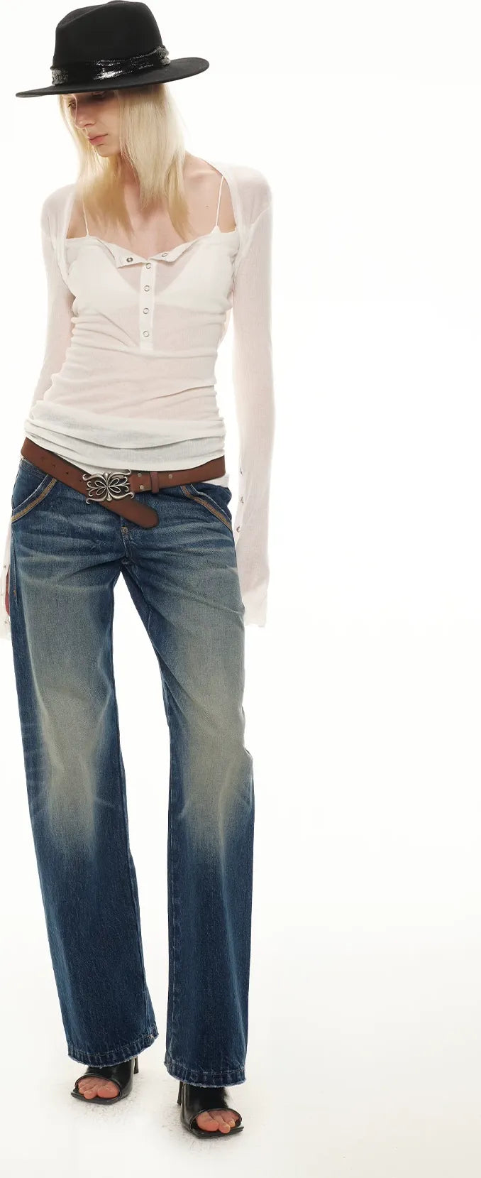 Classic Vintage Washed Distressed Wide-Leg Jeans