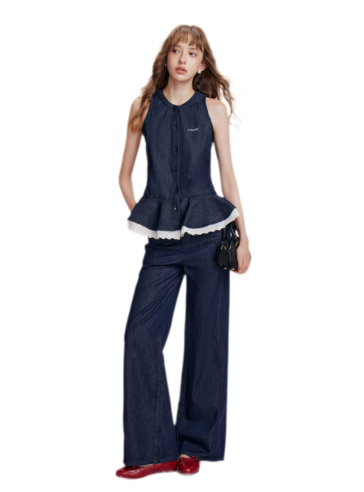 Lace Trim Peplum Denim Set