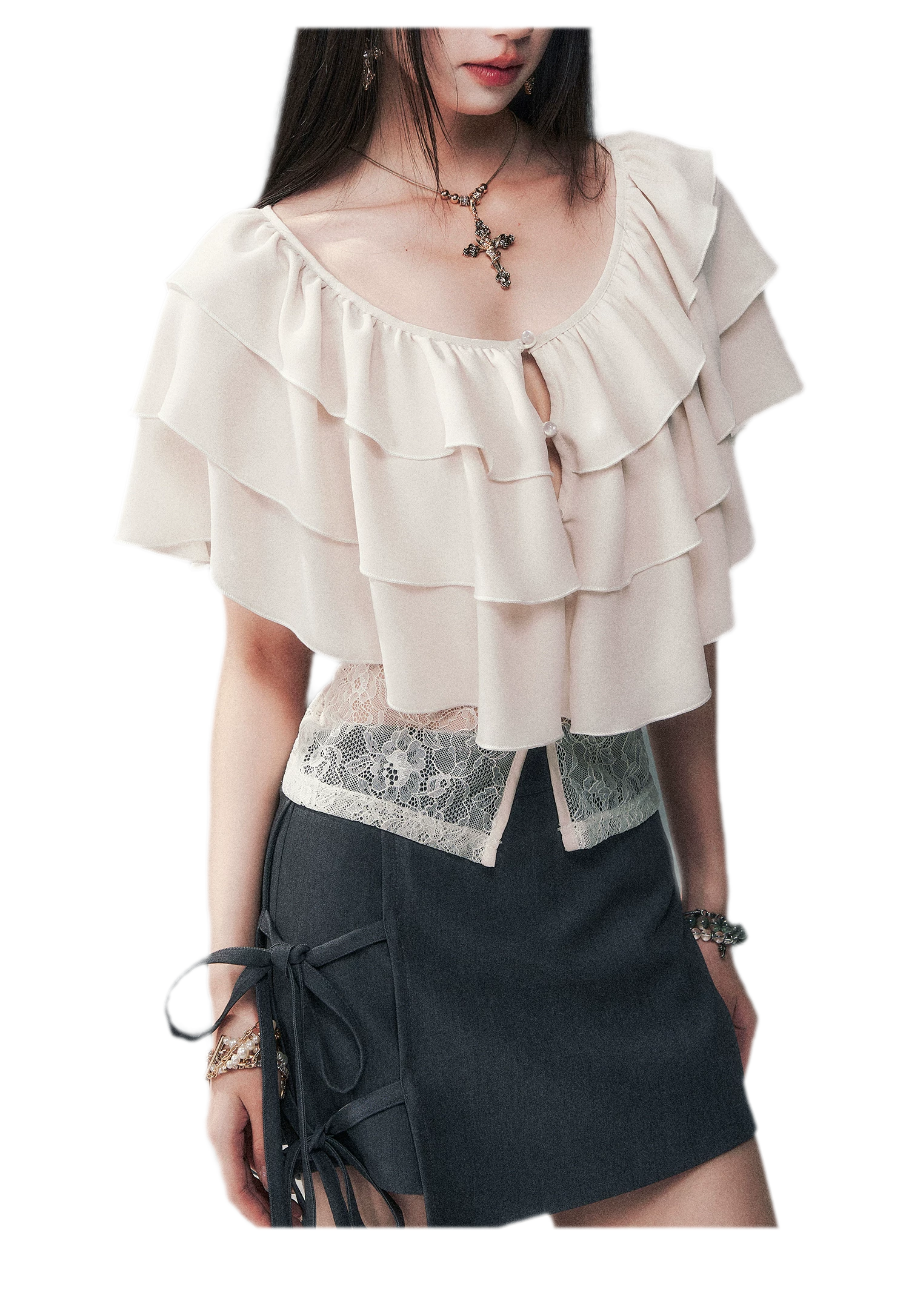 Milk Almond Ruffle Blouse