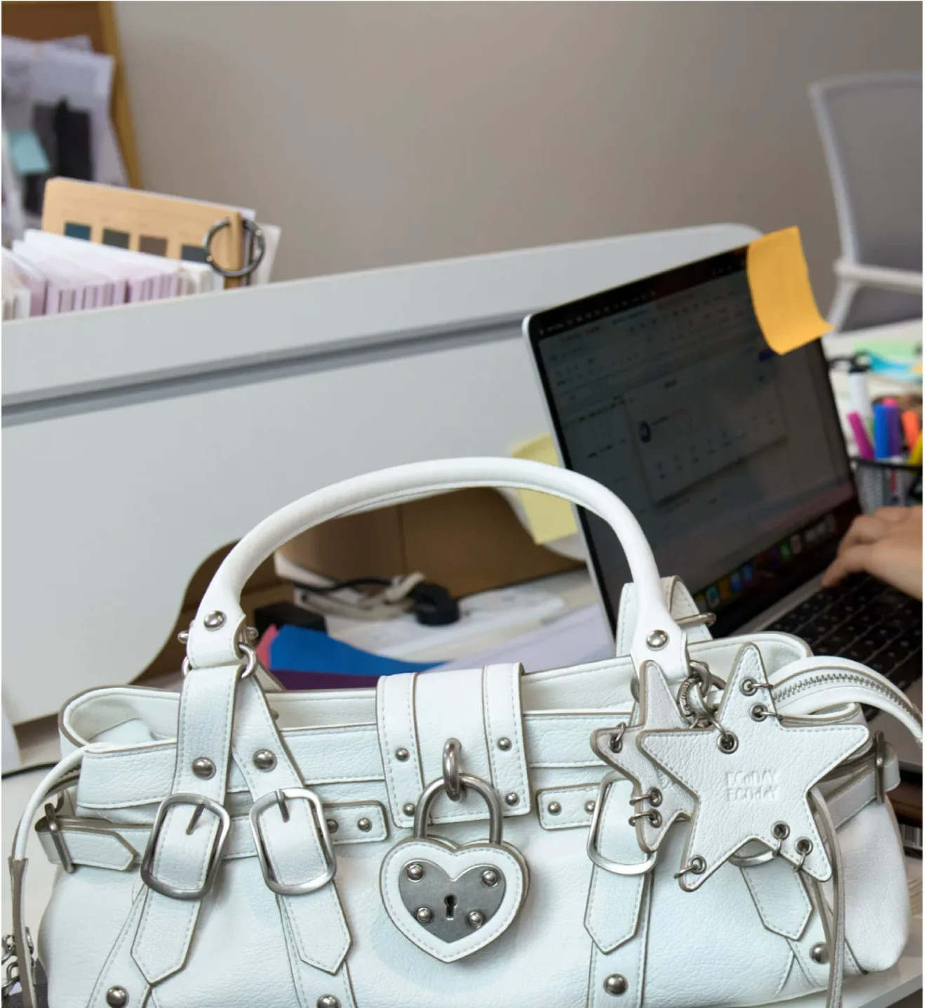 Textured Heart-Lock Top-Handle Bag
