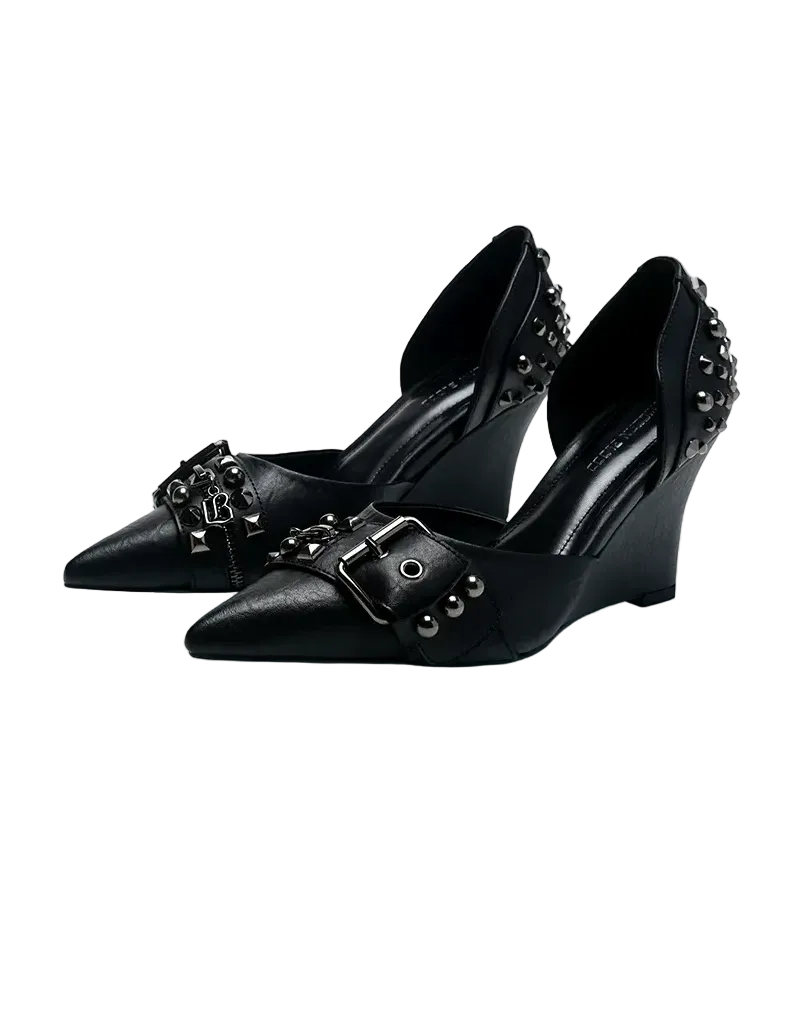 Studded Pointed-Toe Wedge Heels