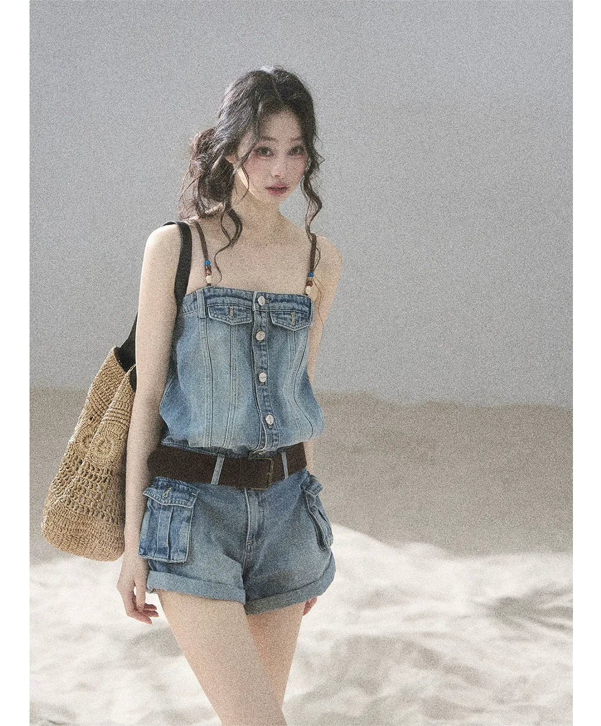 Washed Denim Jumpsuit Shorts