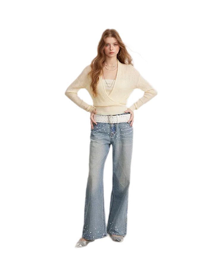 Rhinestone Pearl Wide-Leg Jeans