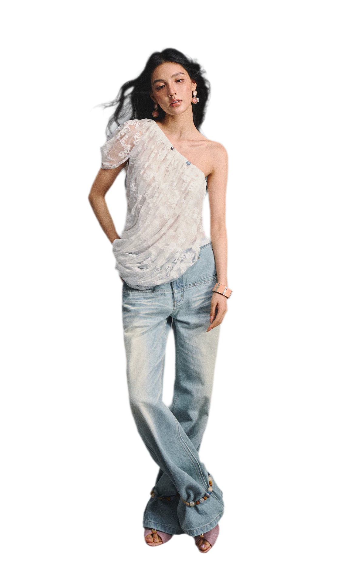 Lace Ruched Asymmetric Top