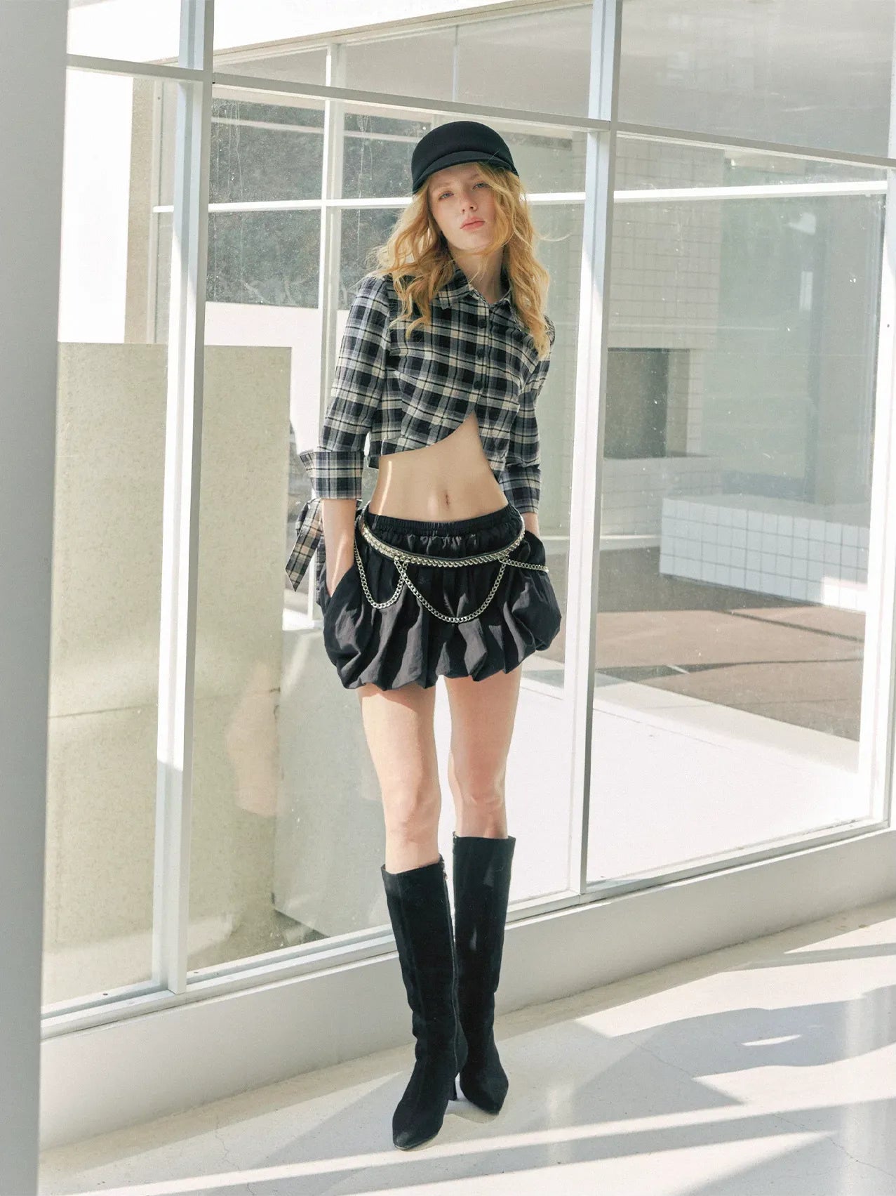 Plaid Cropped Bow Shirt
