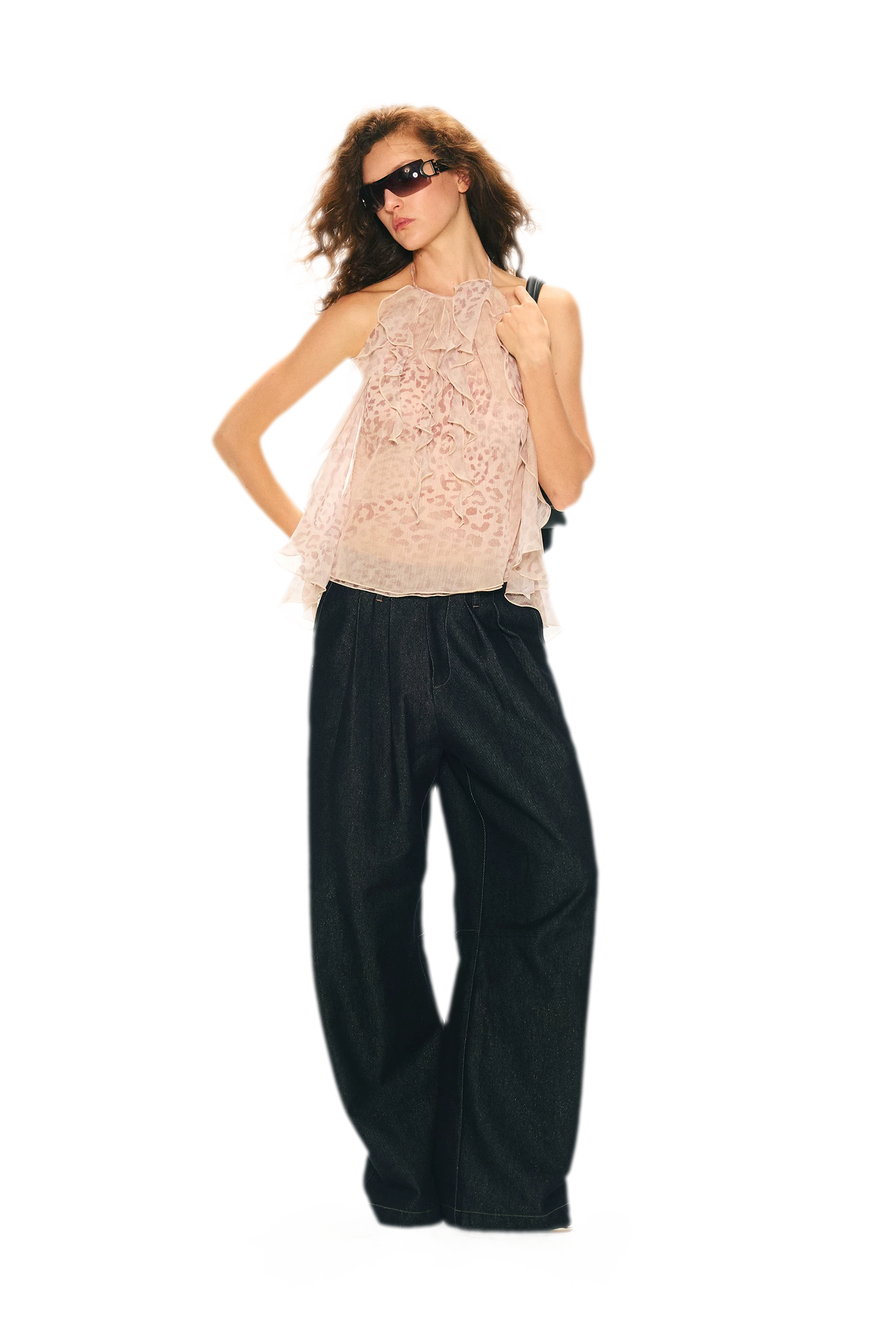Off-Shoulder Halter Chiffon Check Print Top