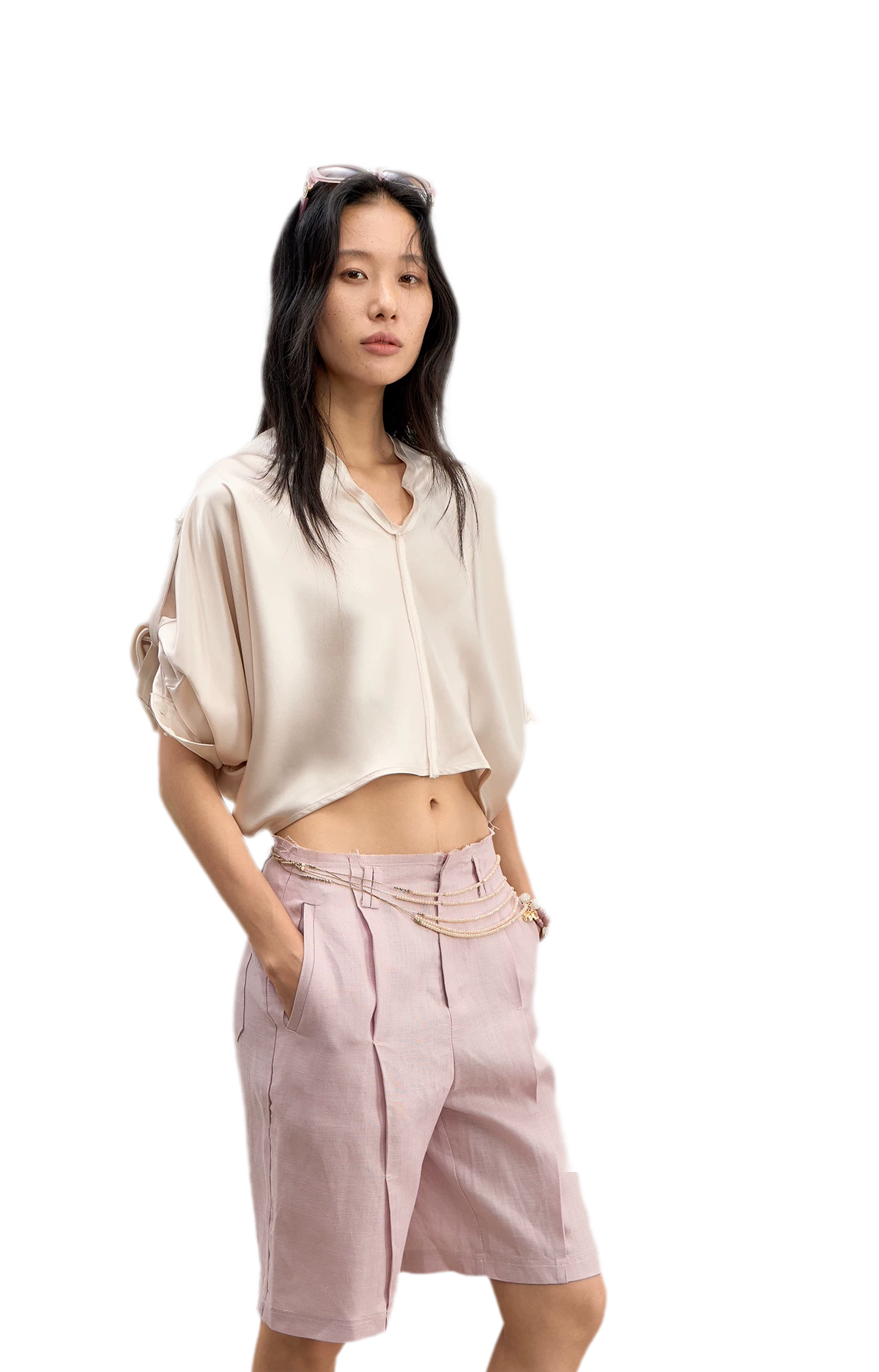 Camicia pullover corta in raso di acetato