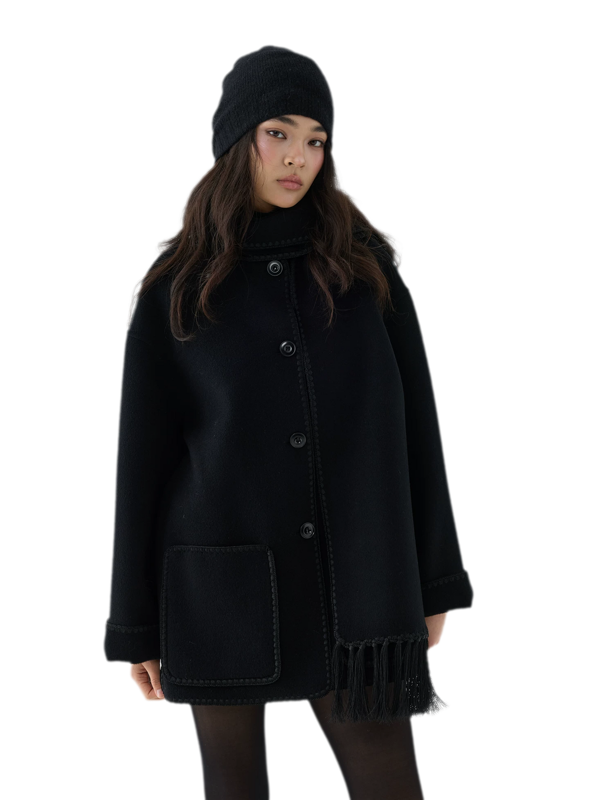 Double-Faced Wool Fringe Cape Coat