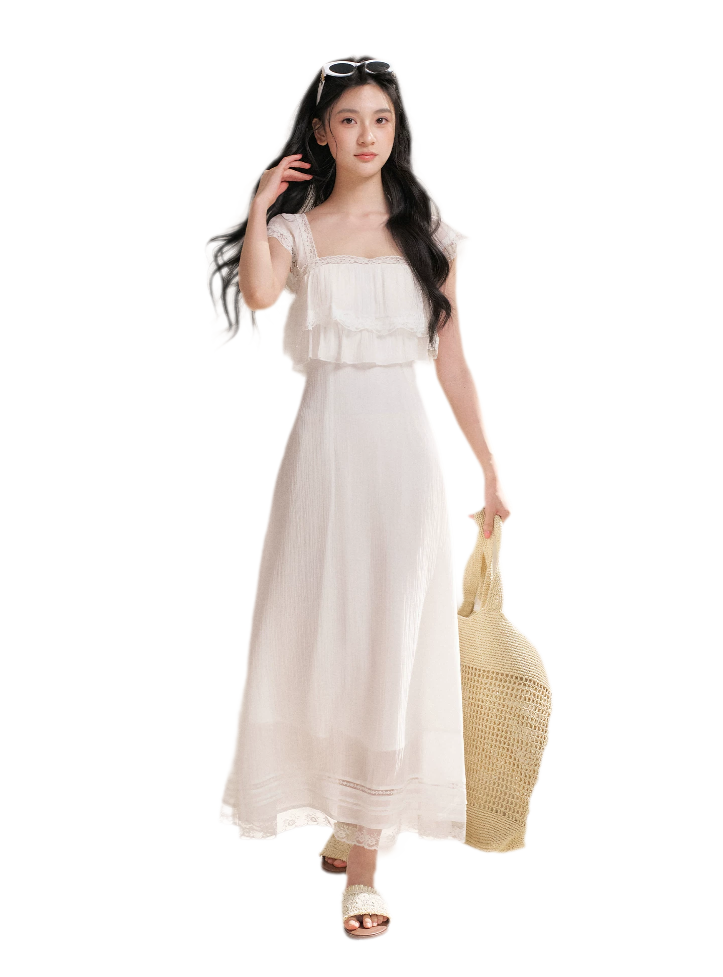 Lace Ruffle Waist Long Dress