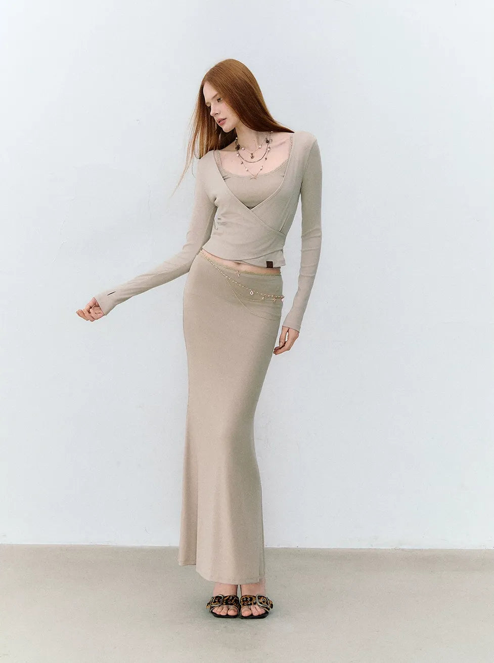 X-line Lace Trim Camisole, Pullover & Mermaid Skirt
