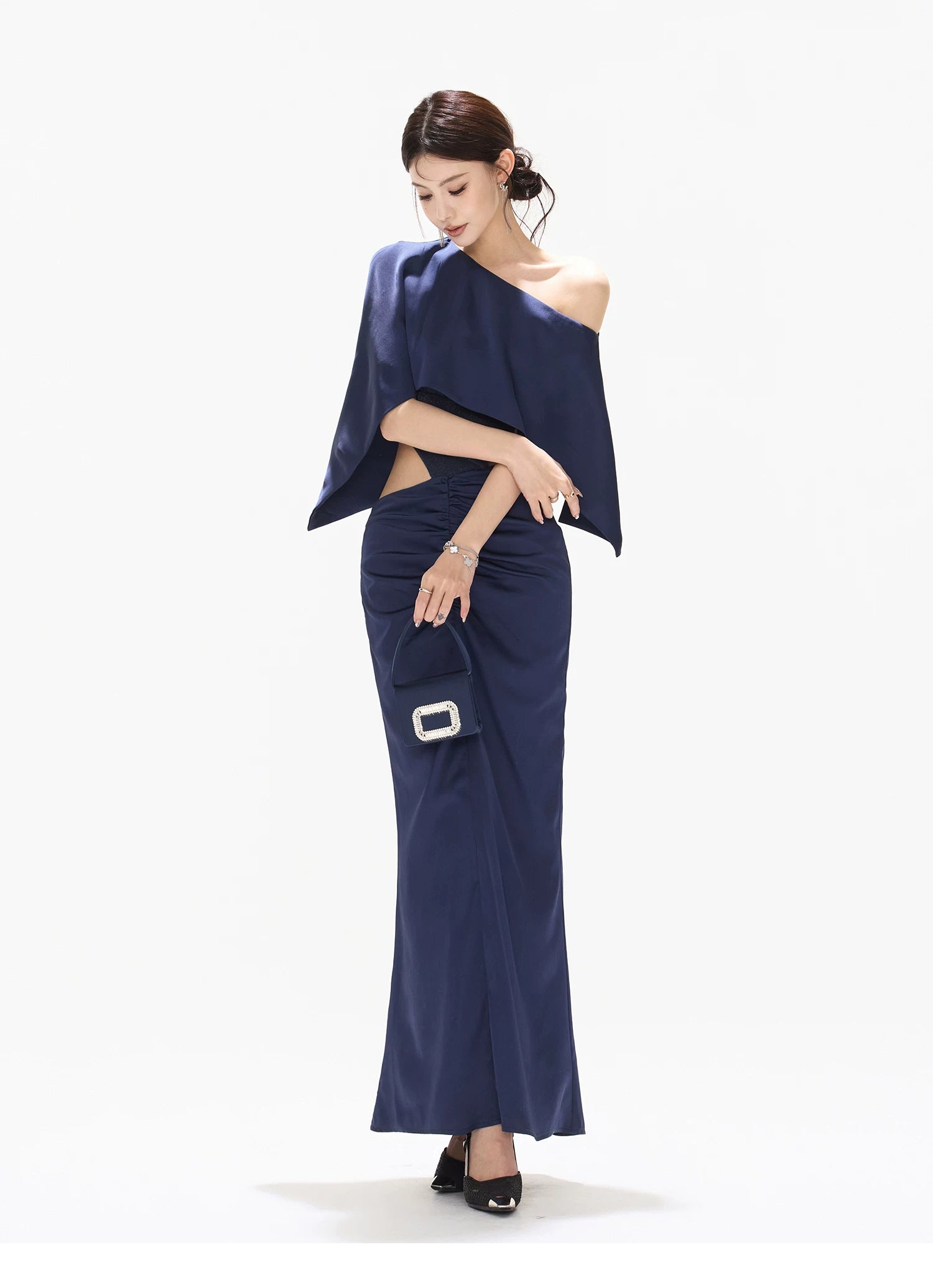 Night Banquet Muse Indigo Asymmetric Off-Shoulder Long Dress