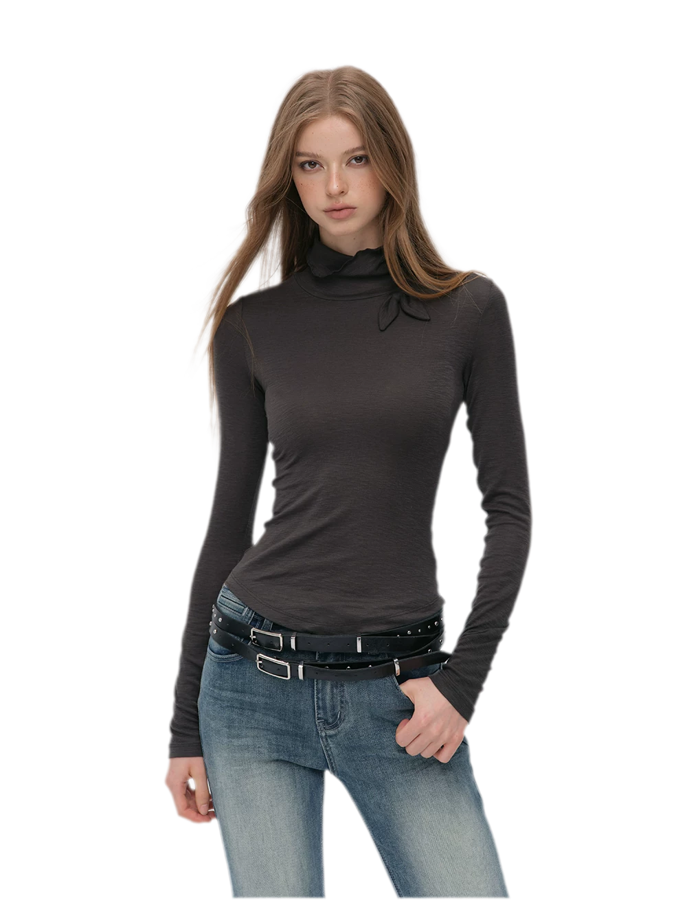 Lyocell Bow High-Neck T-Shirt