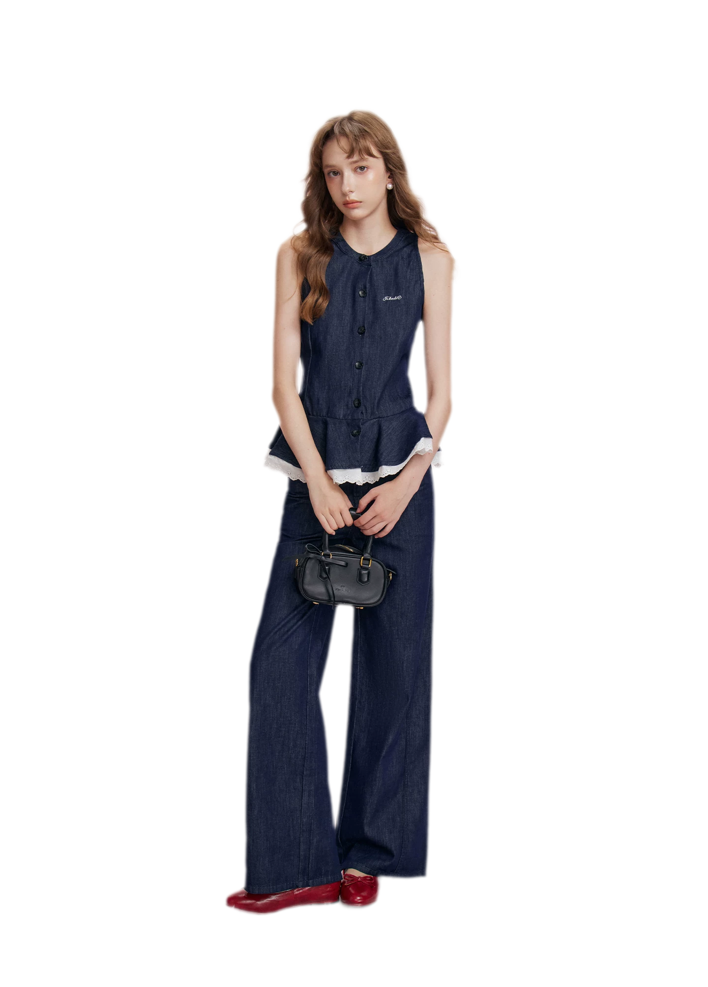 Lace Trim Peplum Denim Set