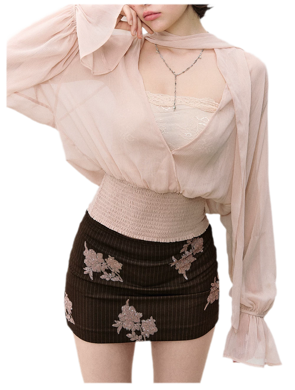 Sequin Floral Pinstripe Skirt