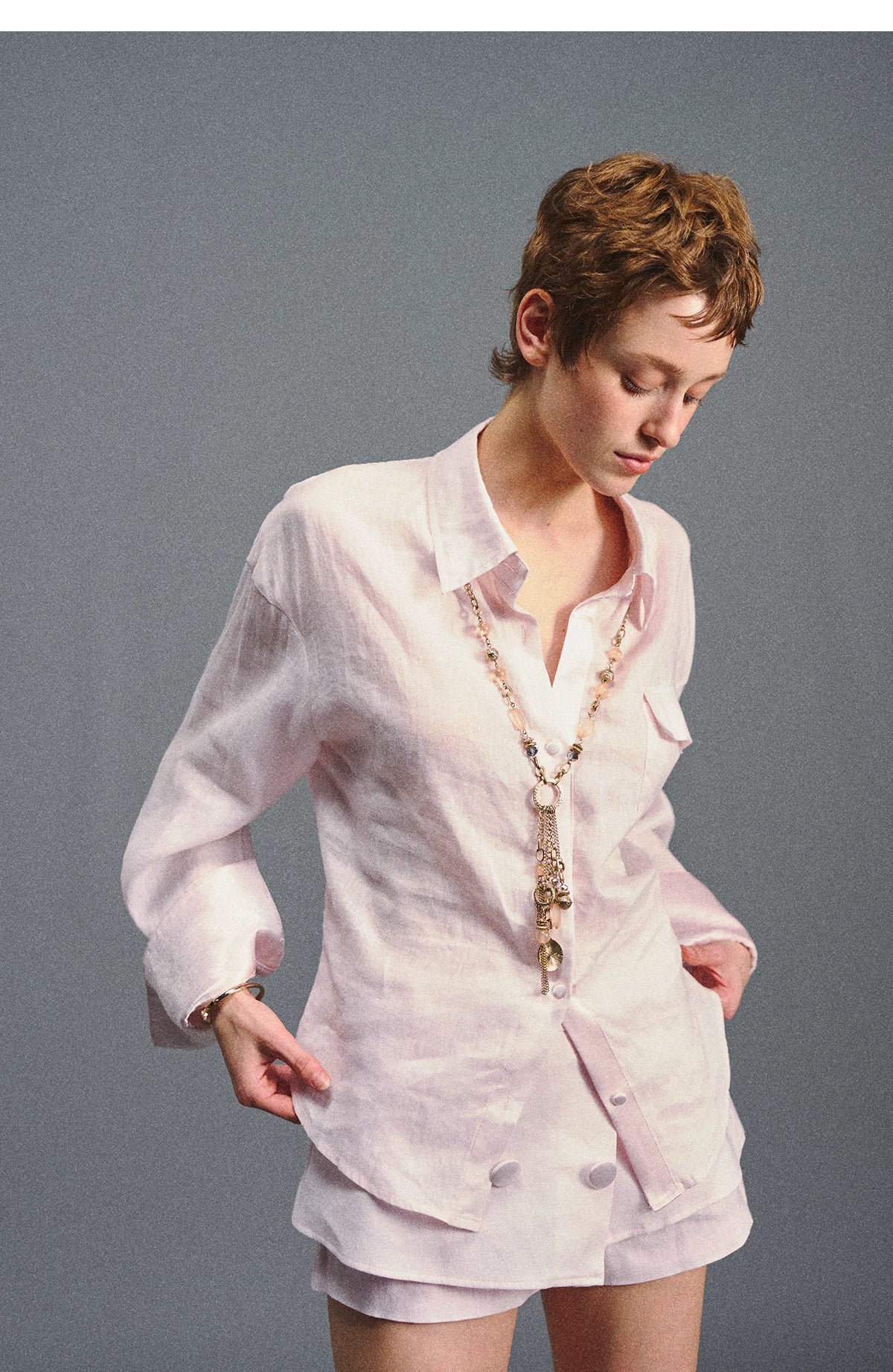 Linen Satin Waist-Cinched Shirt & Skirt Set