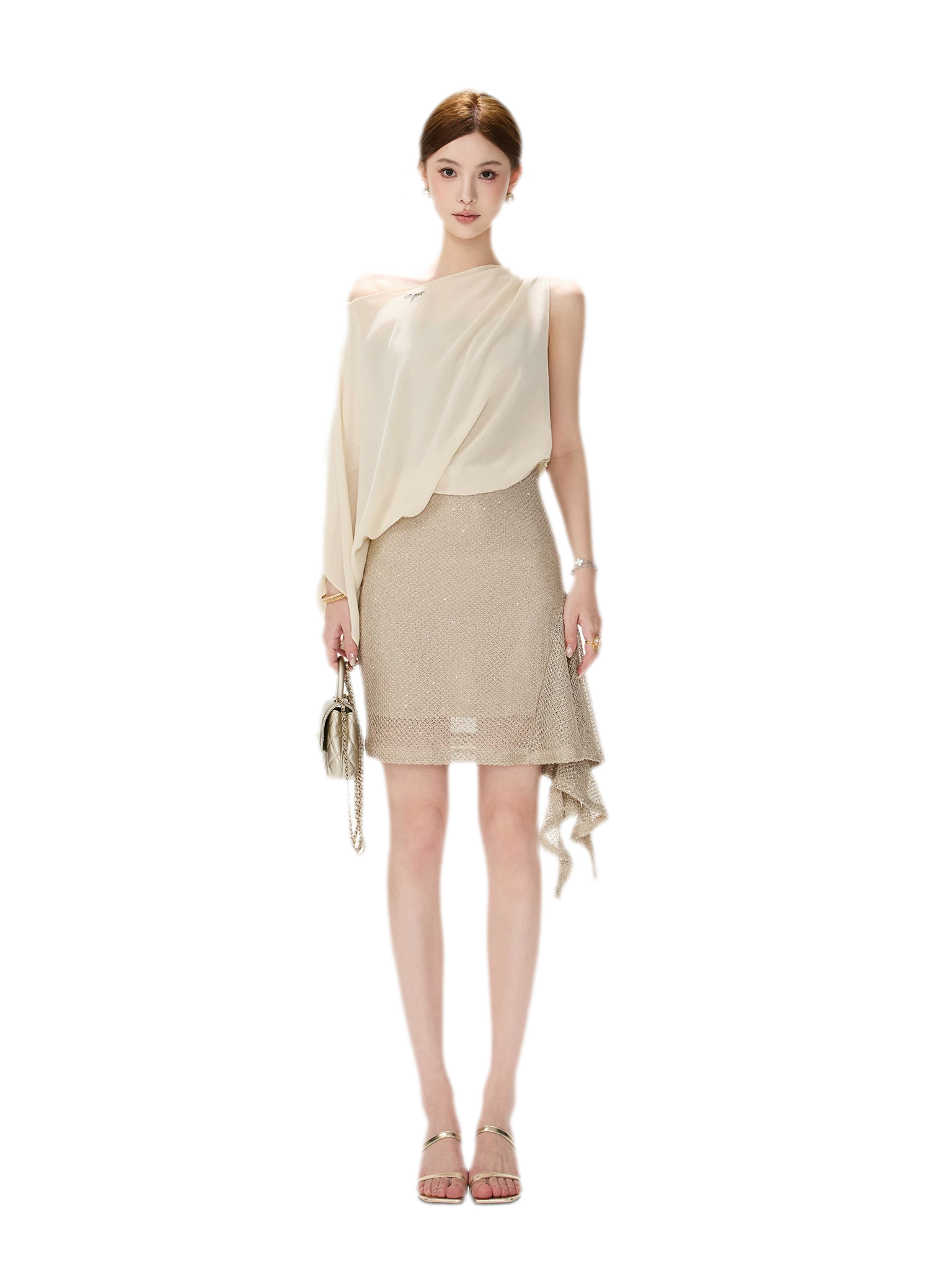 CYNR Sheer Drape Off-Shoulder Dress – view 12