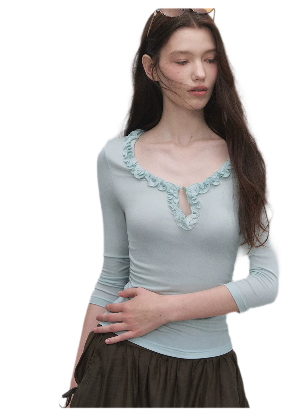 Ruffled Neck Stretch Tee