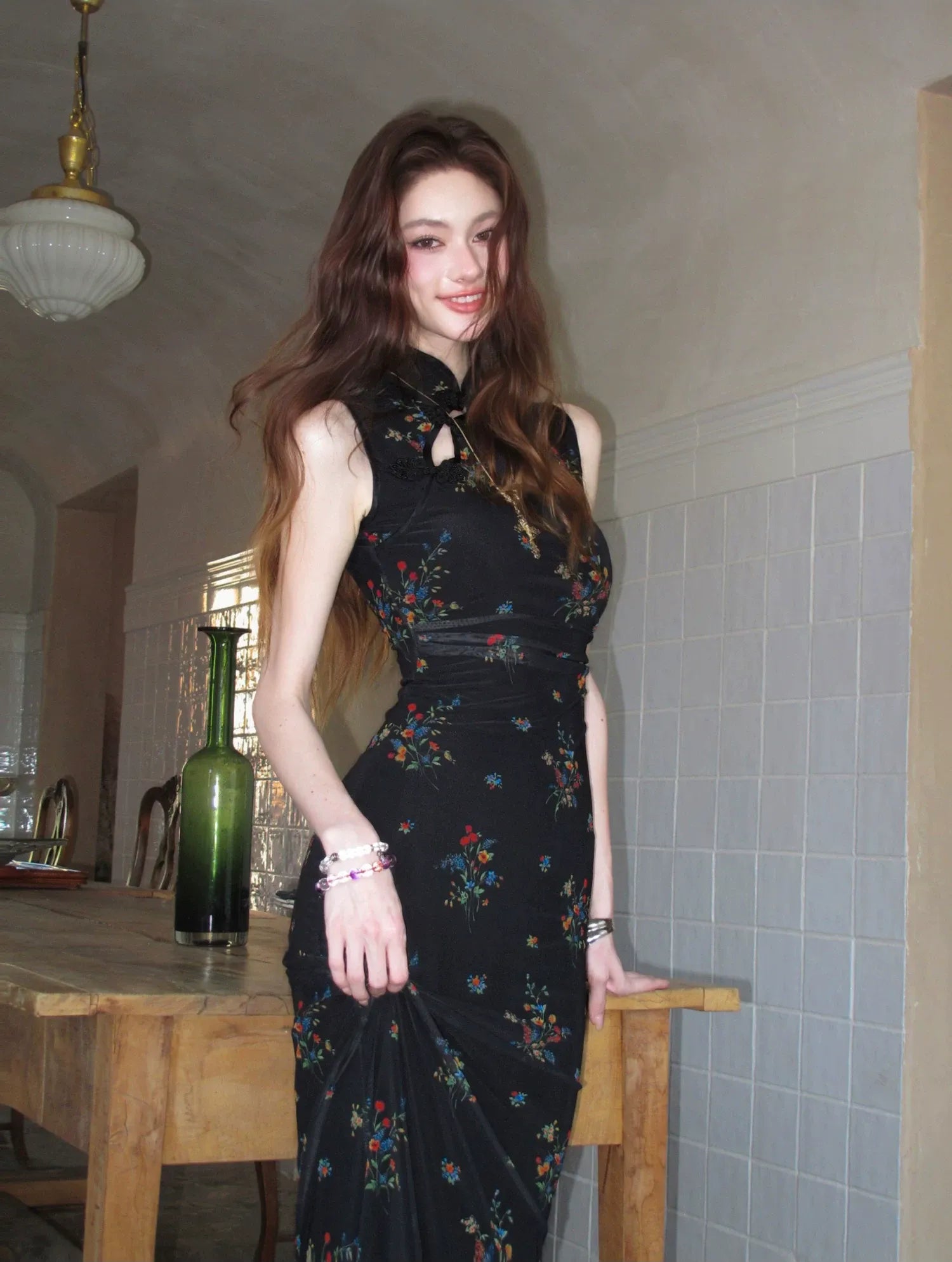 Dark Floral Mesh Qipao Dress