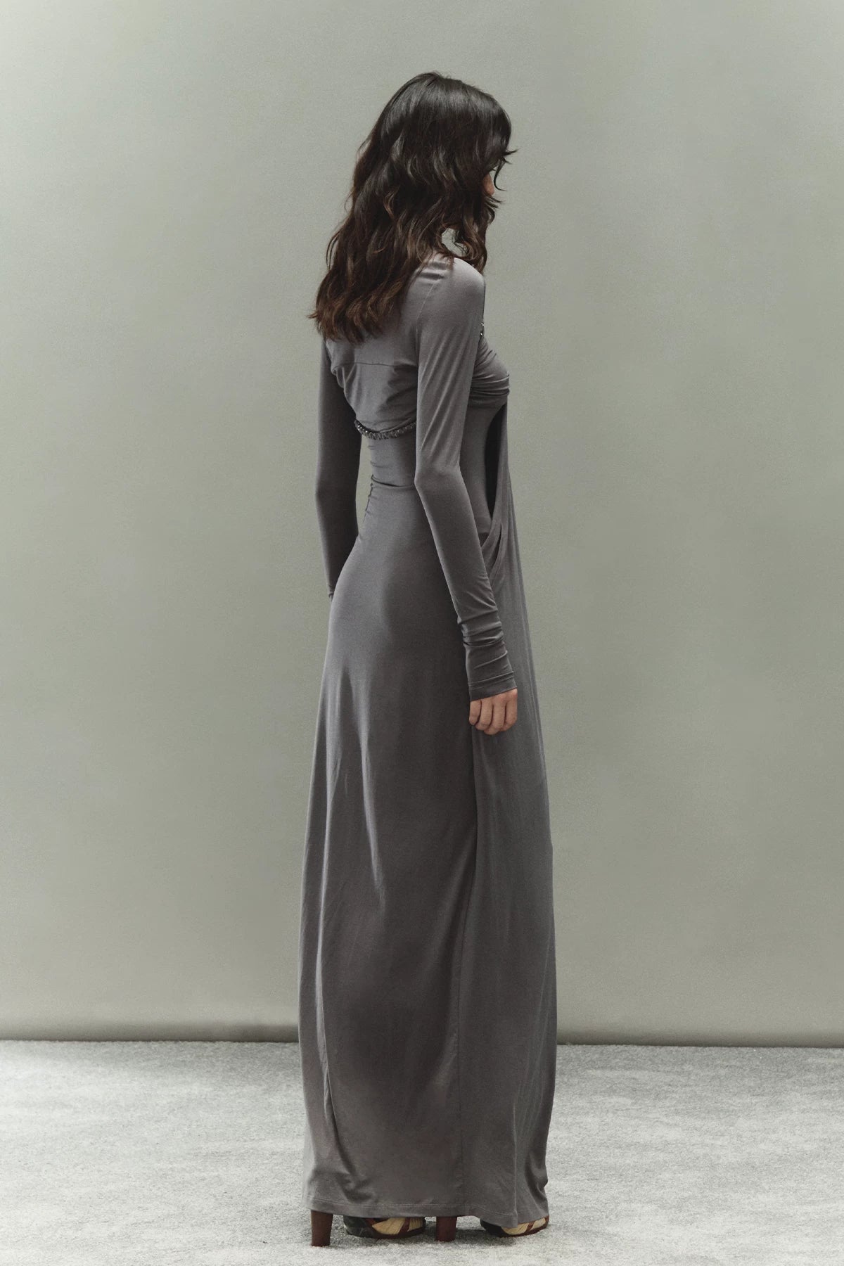 Laisel Handwoven Twist Metallic Chain Pleated Halter Dress