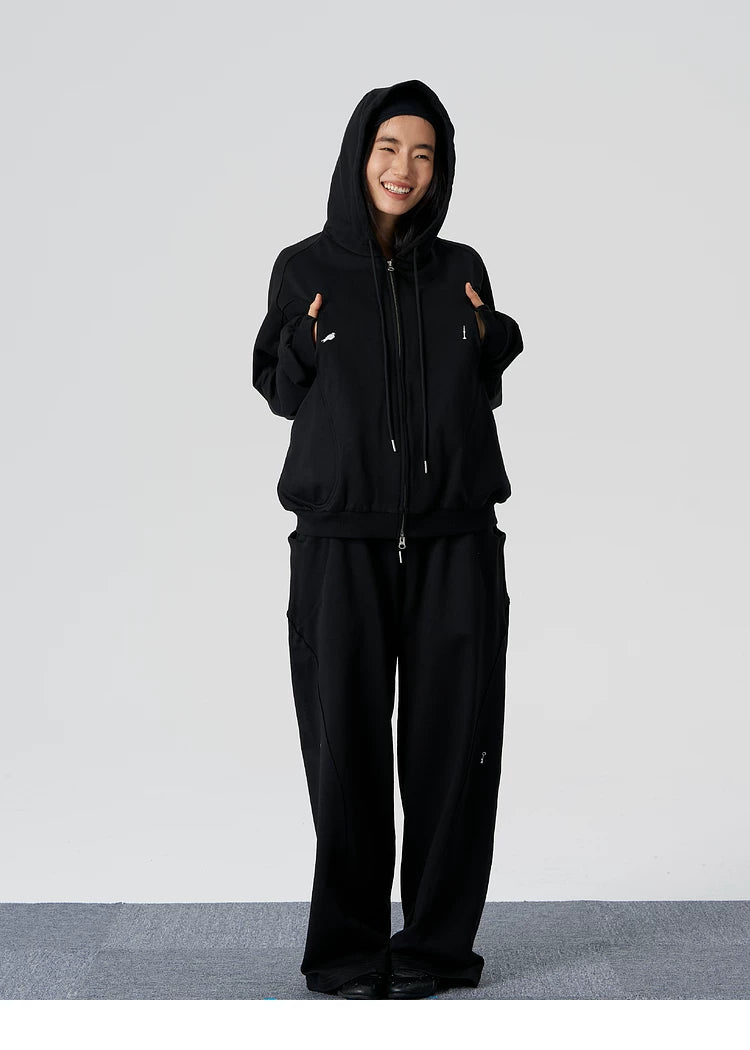 Ribbed Panel Hooded Zip Jacket
