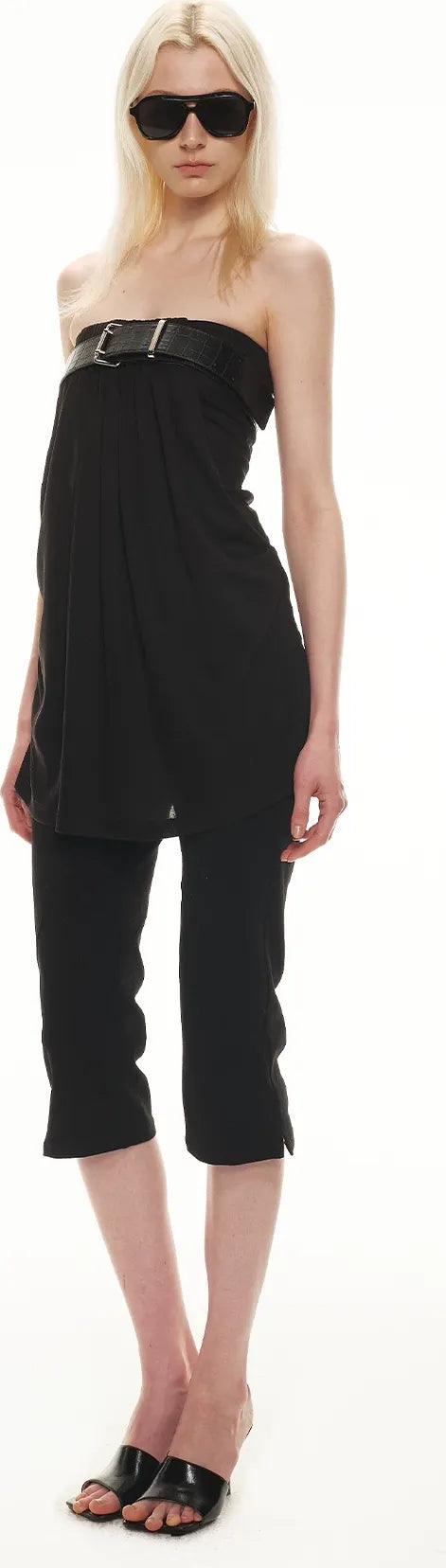 Tencel Lyocell Strapless Waist-Accentuated Top with Belt