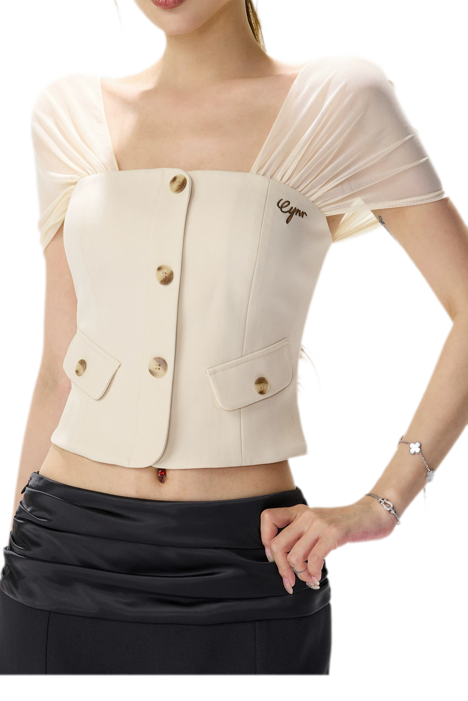 Square Neck Mesh Sleeve Top
