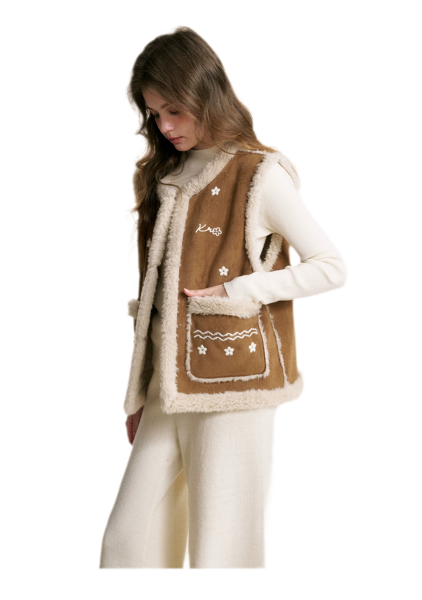 Shearling Floral Embroidered Vest