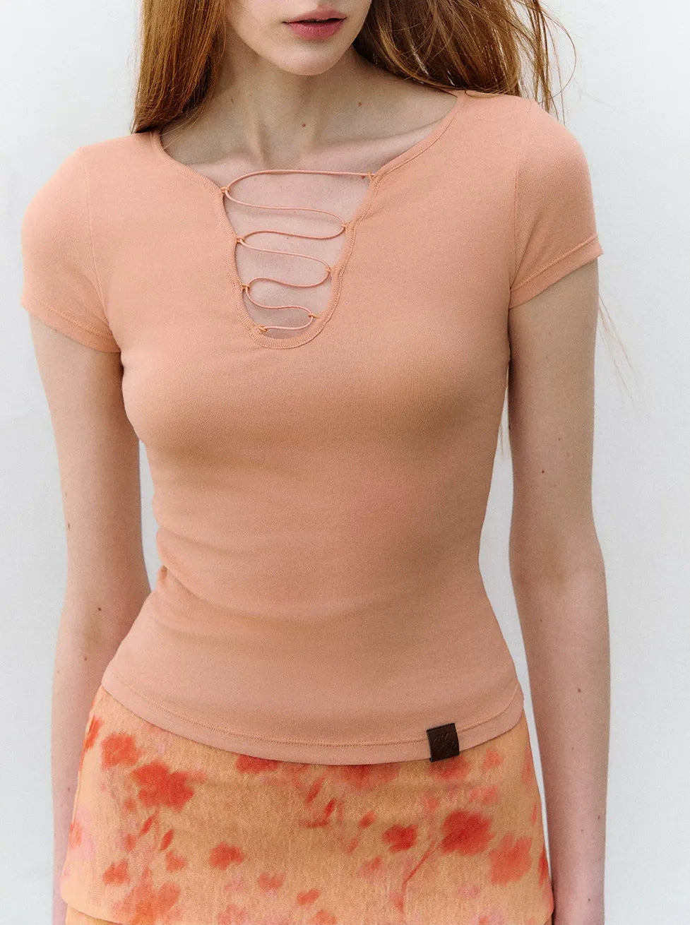 Cross Tie Hollow V-Neck Slim Short Sleeve T-Shirt