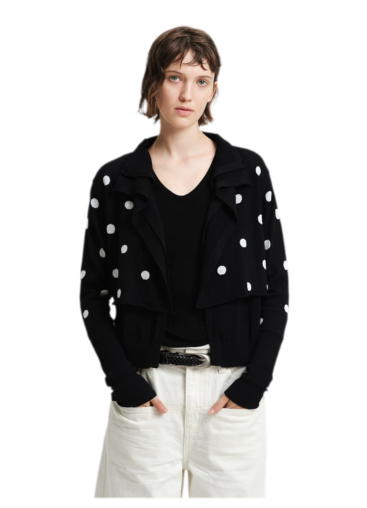 Cardigan in maglia drappeggiato a pois