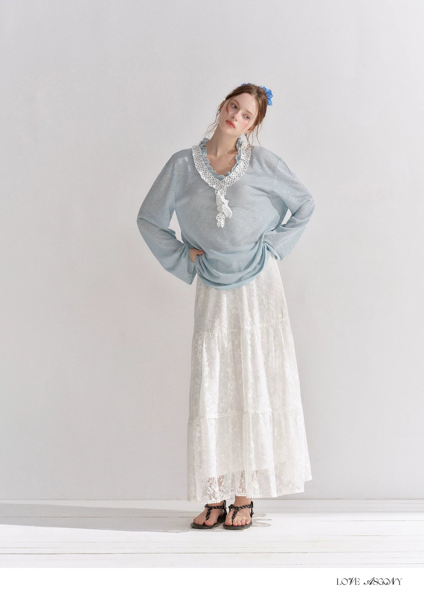 Lace Trim Elastic Waist A-line Long Skirt