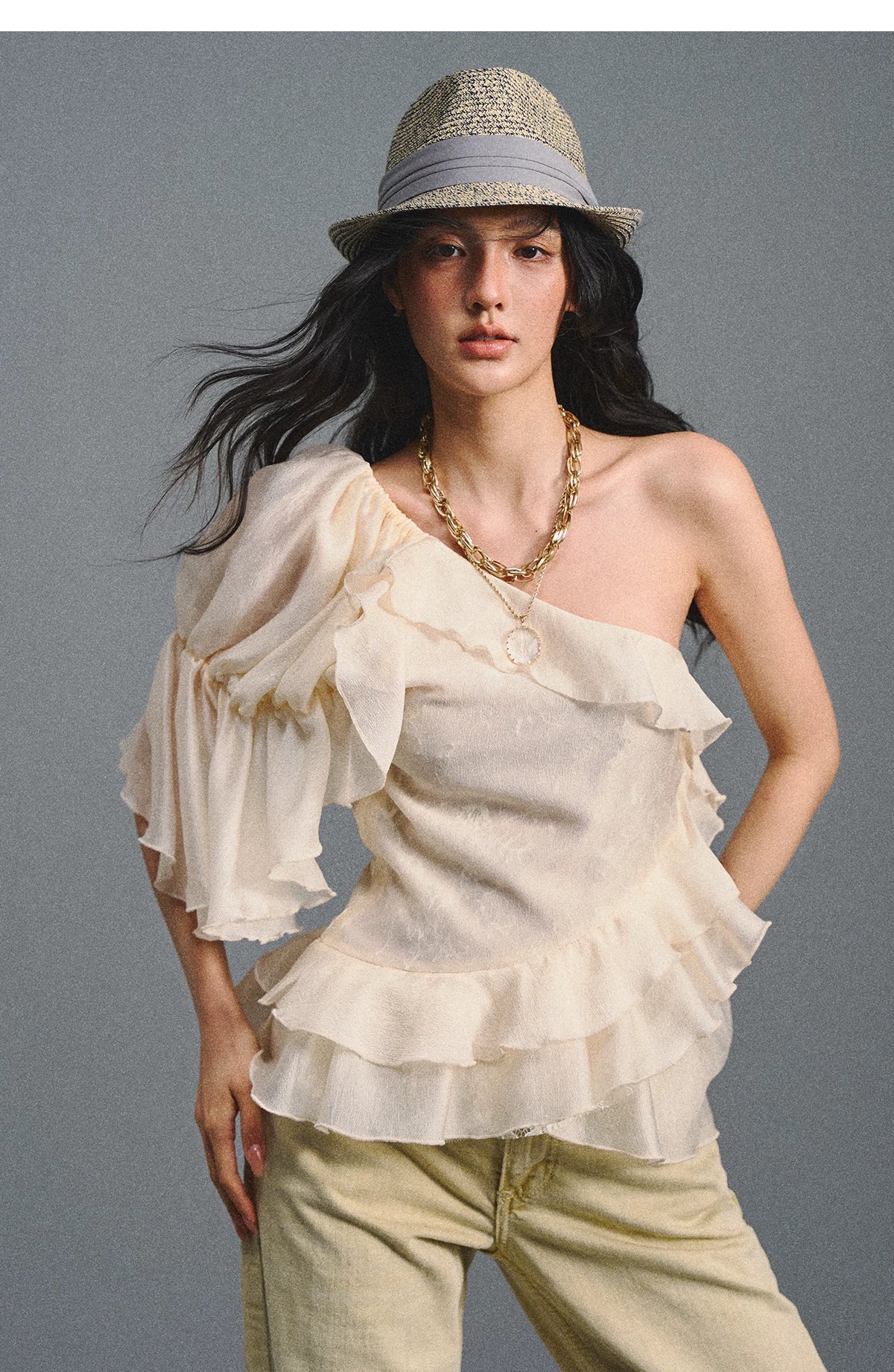 Vintage Romantic Lace Ruffled Asymmetric Top