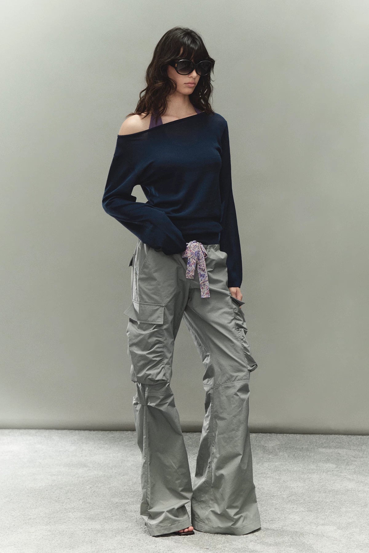 Printed Waistband Drawstring Multi-Pocket Low-Waist Cargo Pants