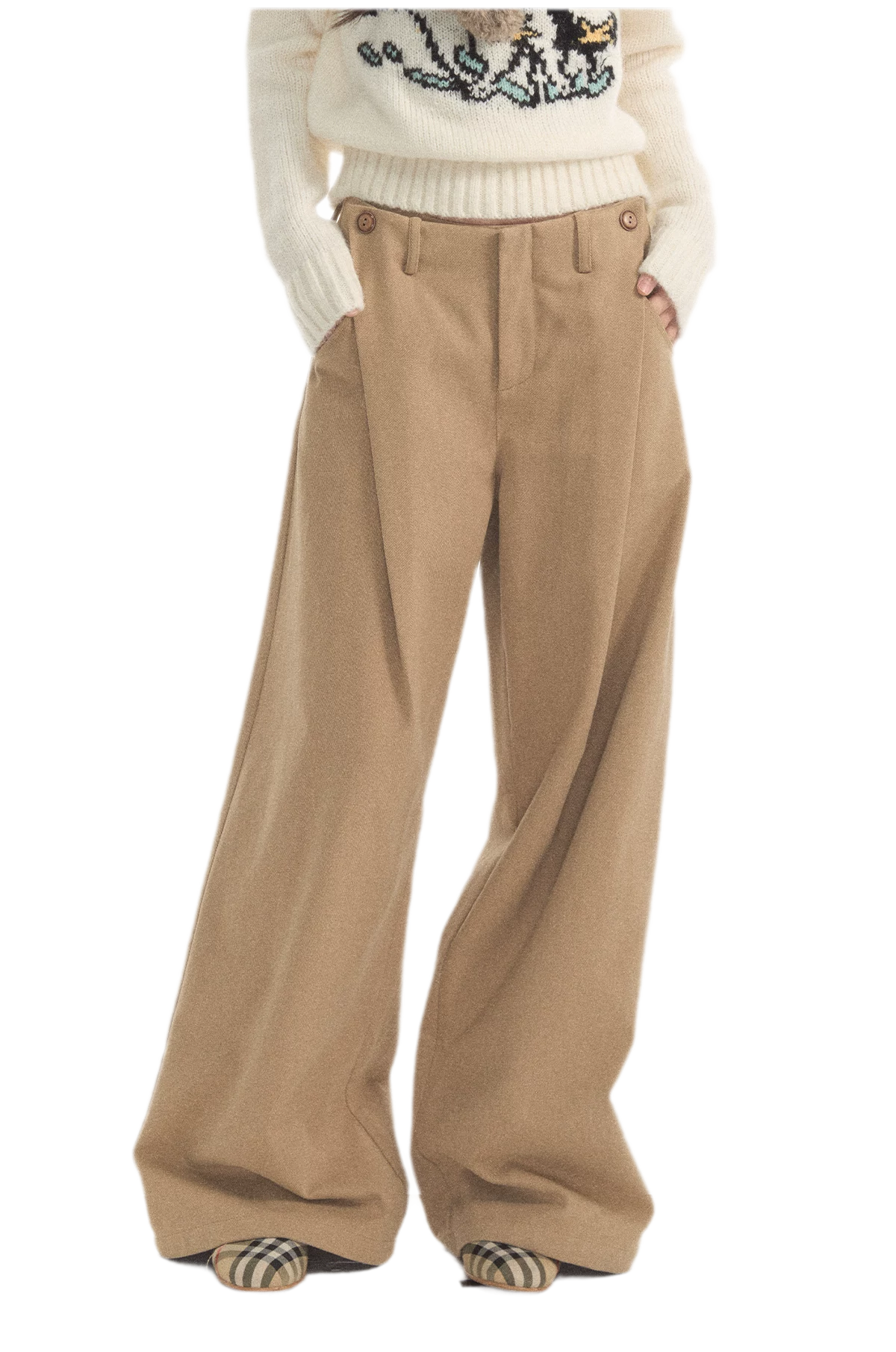 Geplooide broek met wijde pijpen van wolachtige stof