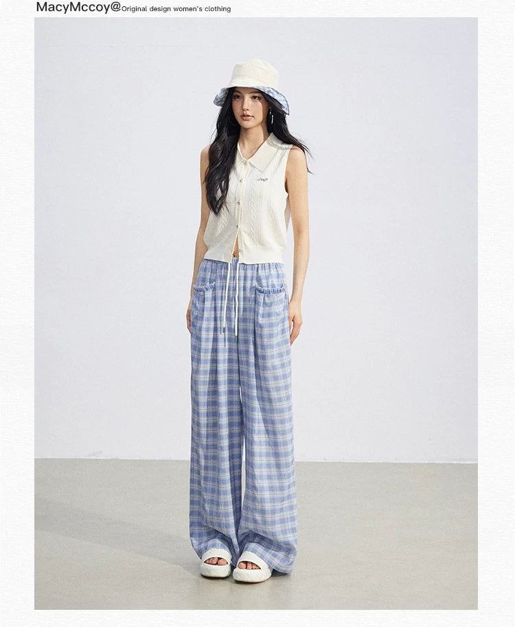 Lace Trim Plaid Wide-Leg Pants