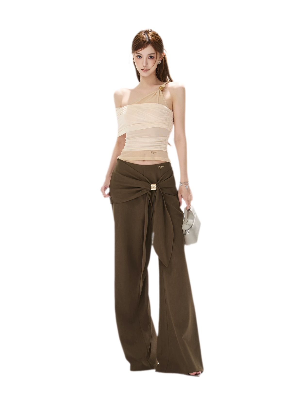 Beaded Ruched Mesh Top