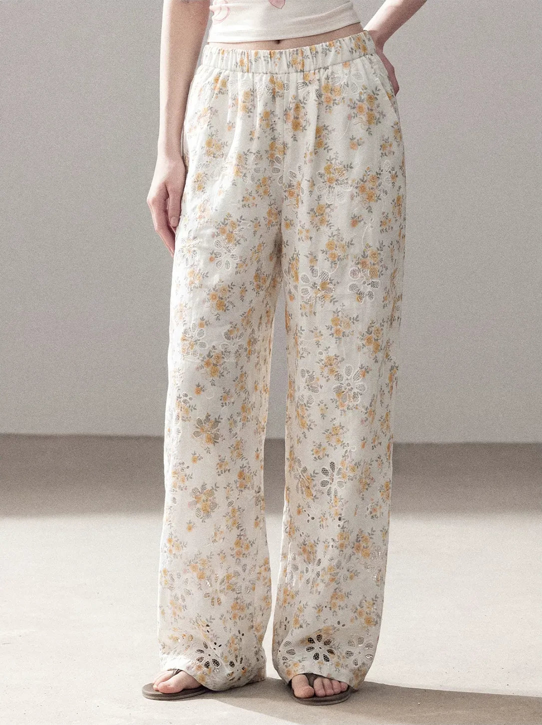 Laser-Cut Floral Wide-Leg Pants