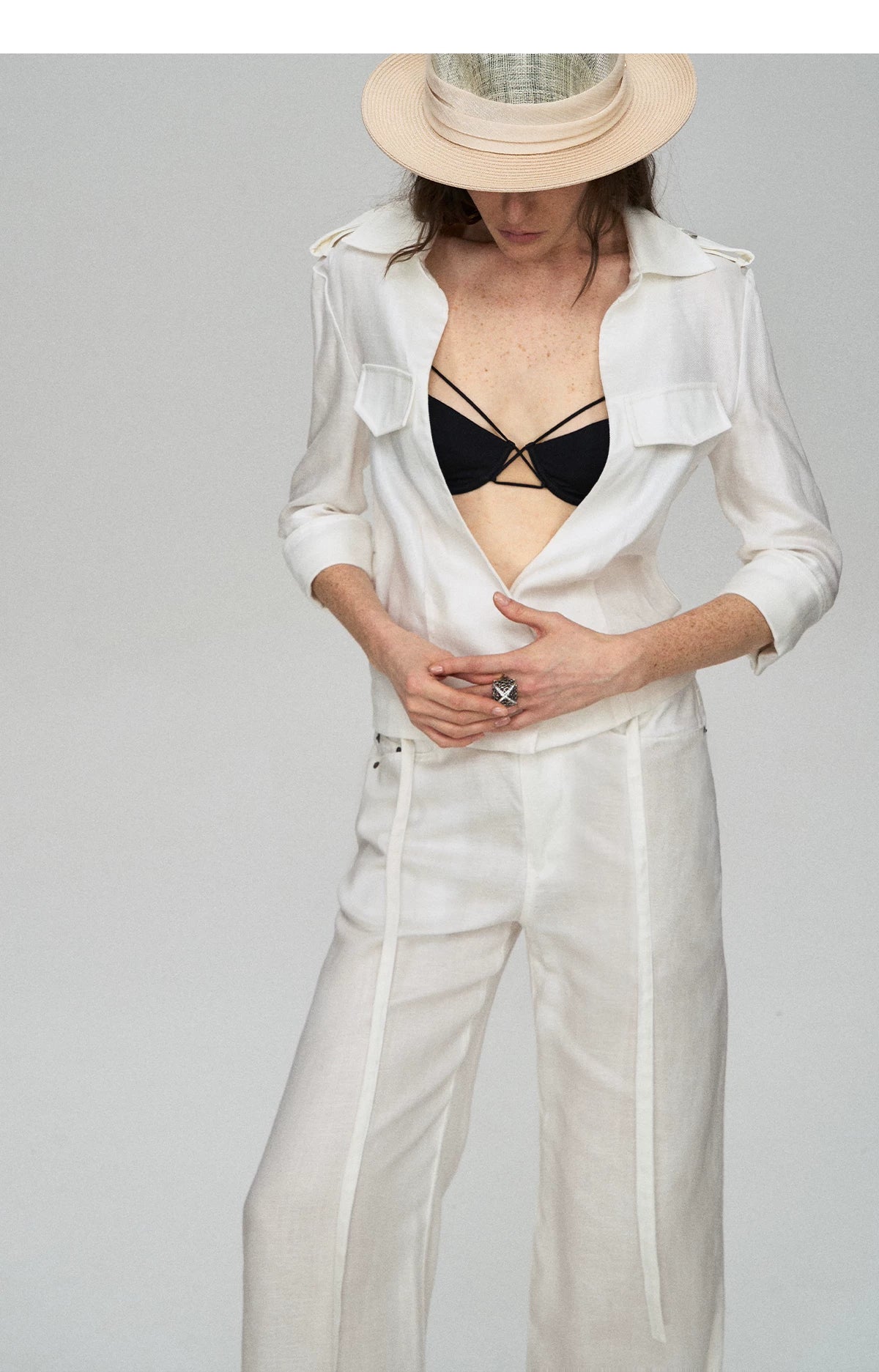 Tencel Linen Cool-Feel Mid-Sleeve Shirt & High-Waist Wide-Leg