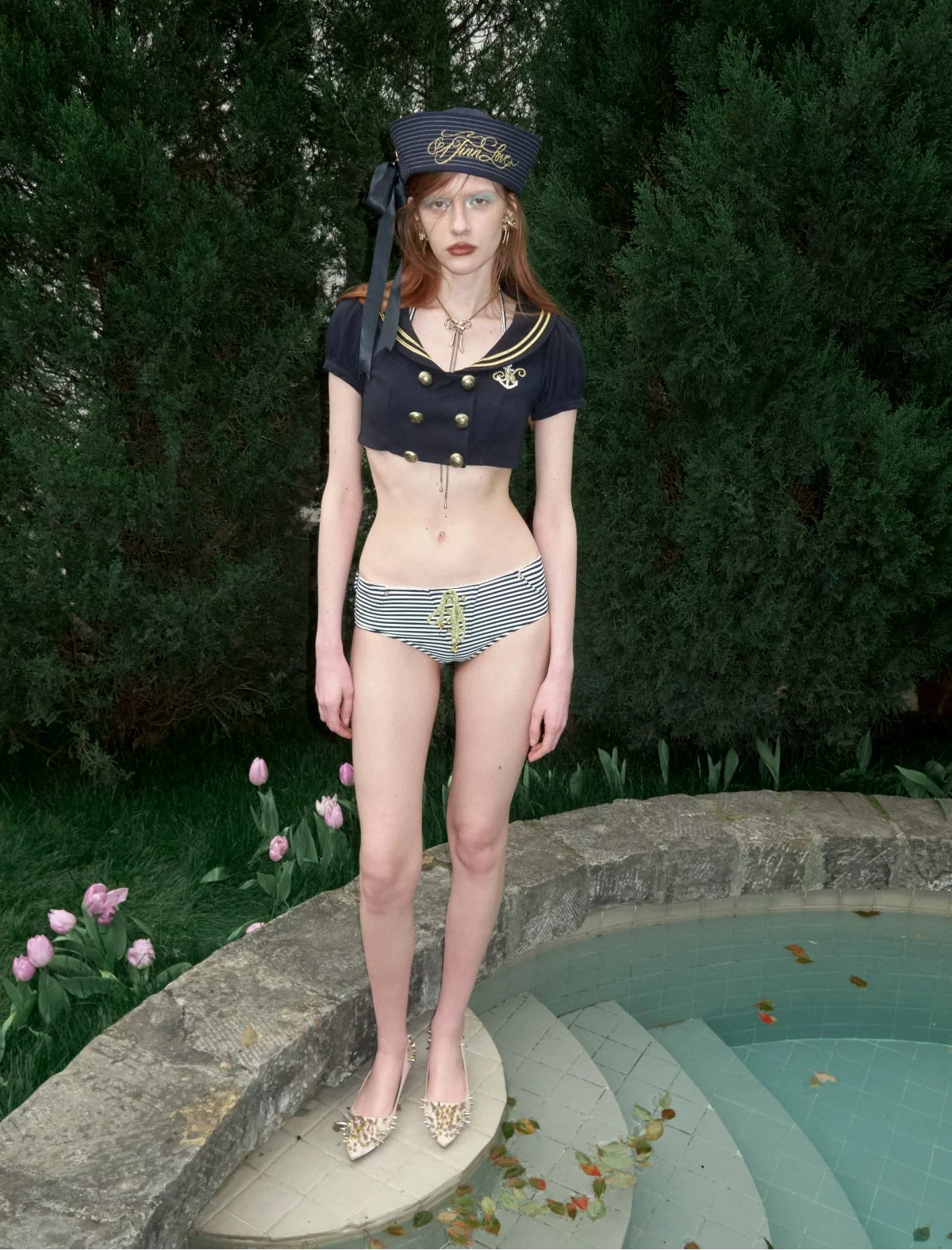 Striped Nautical Anchor Halter Bikini Set