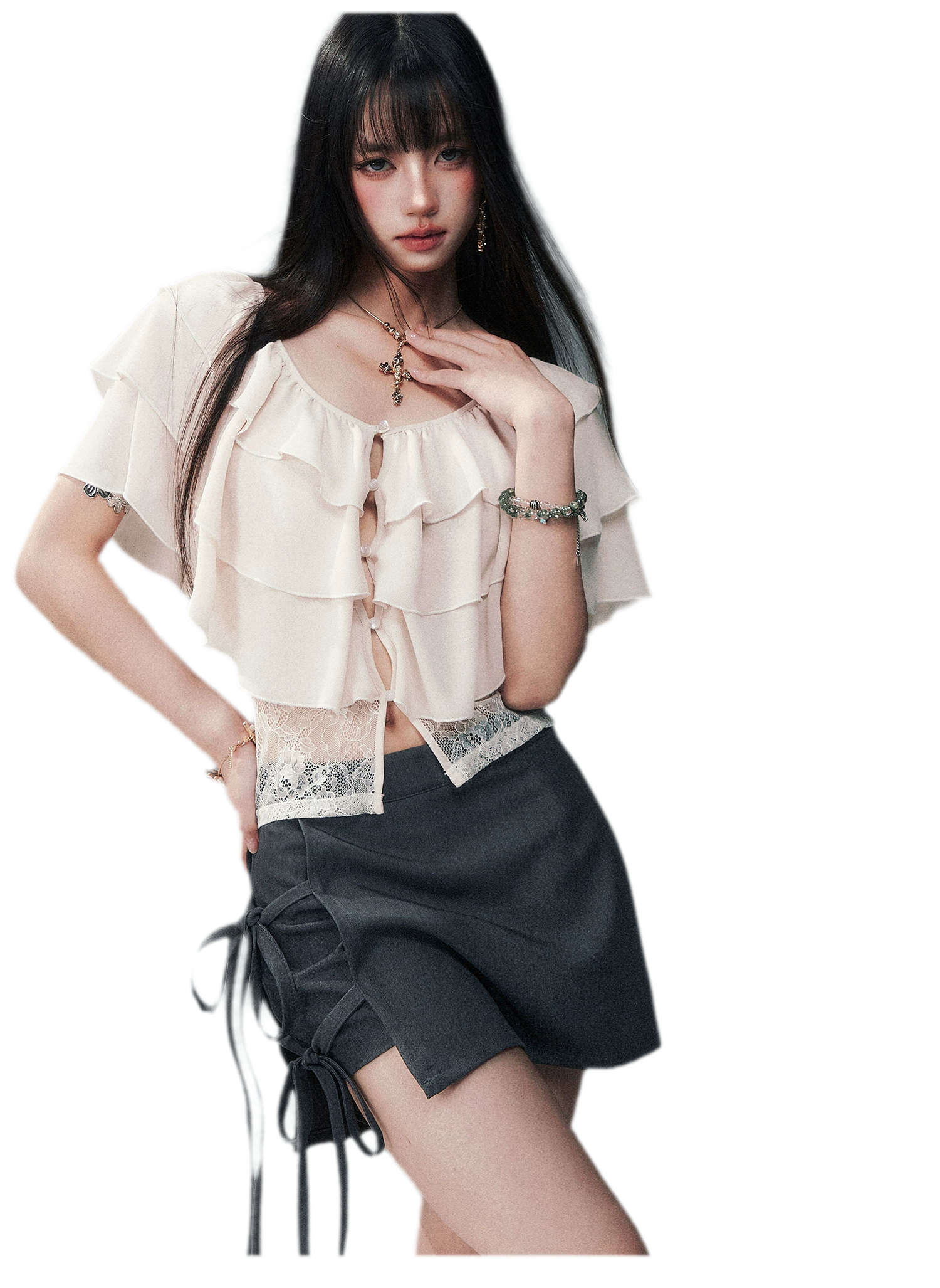 Milk Almond Ruffle Blouse