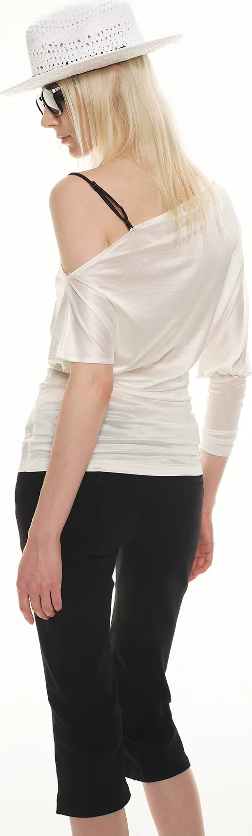 Silky Satin Texture Asymmetric Off-Shoulder Lace Trim T-Shirt