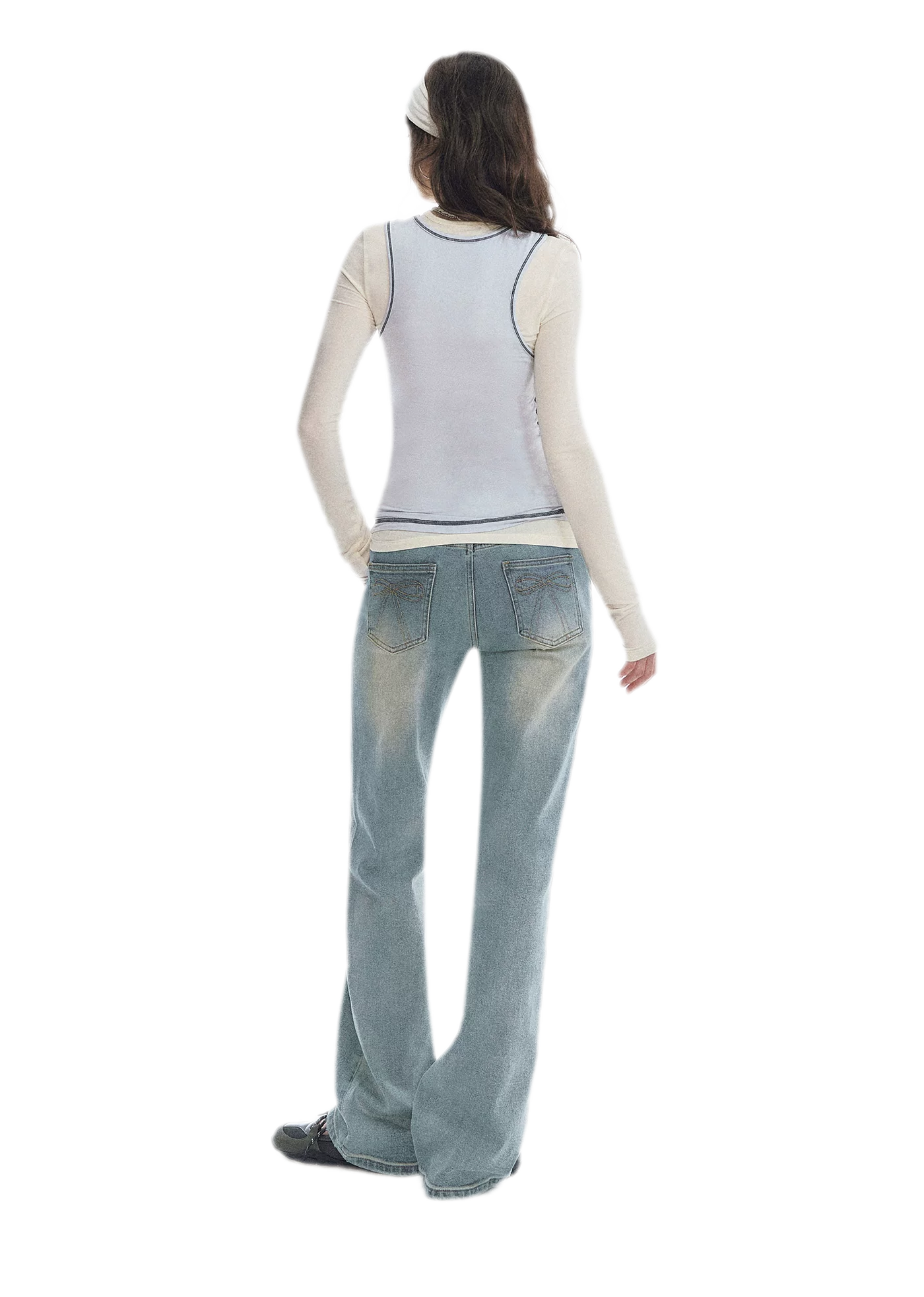 Washed Bow Embroidery Jeans