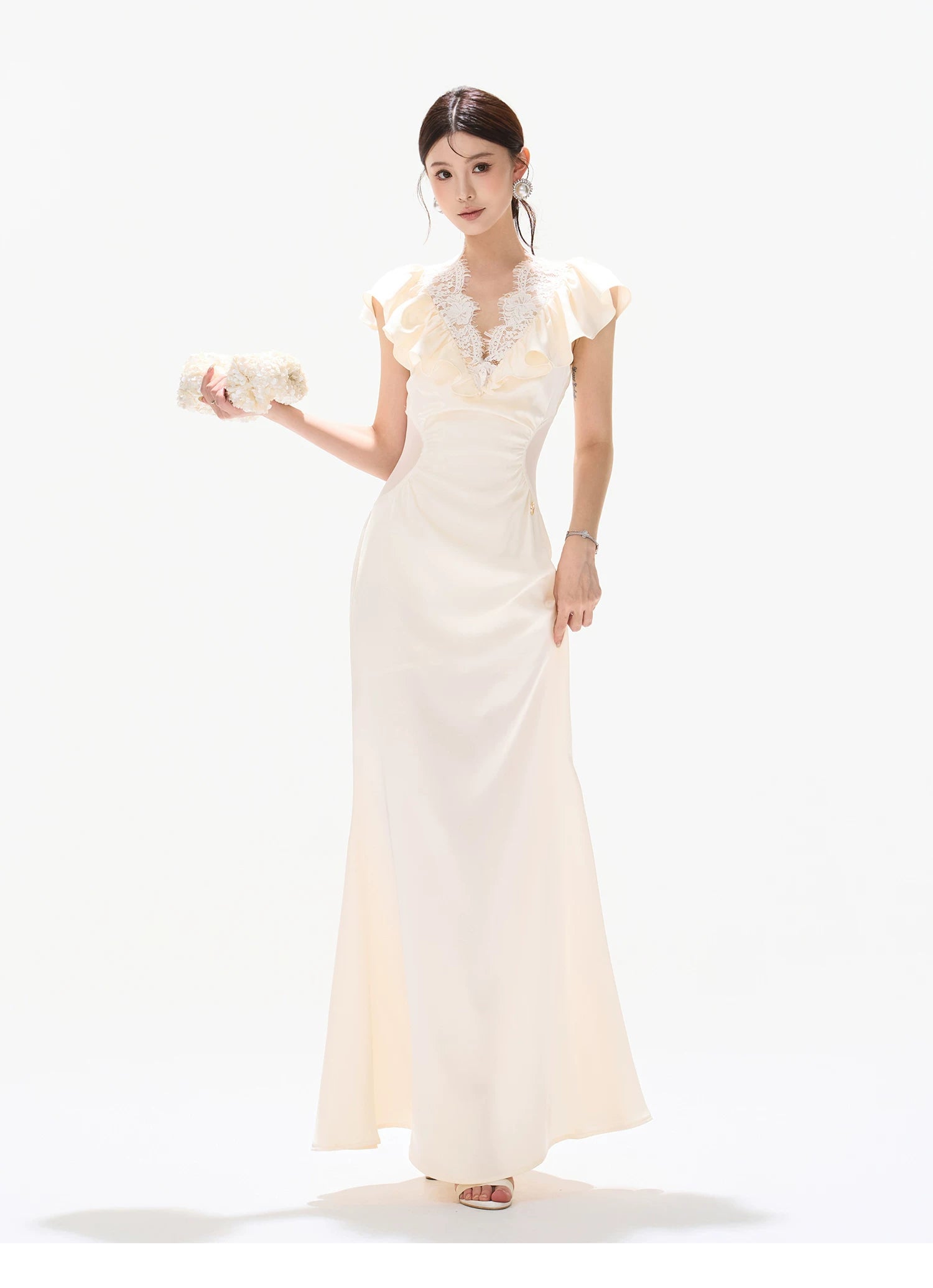 Vintage Ruffled Lace Waist-Cut Long Dress