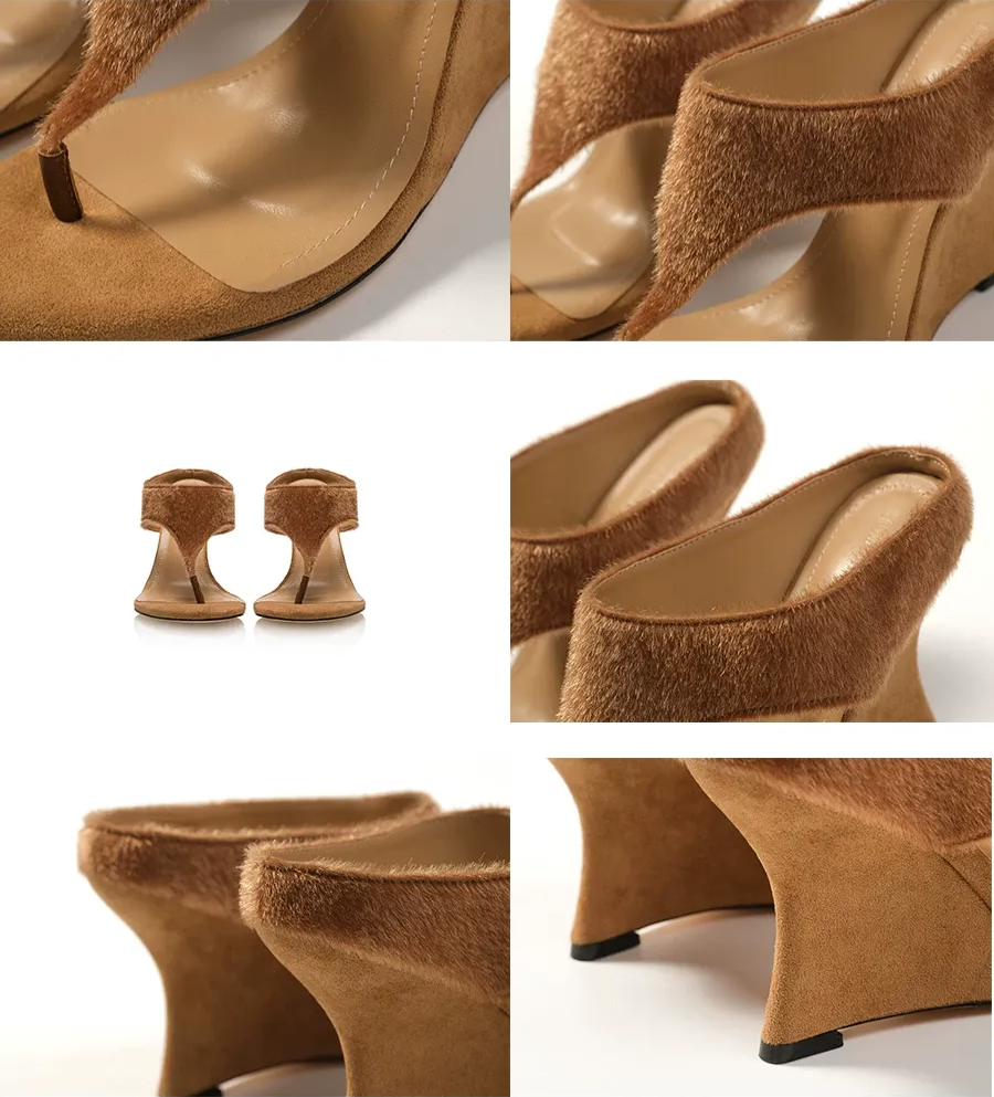 Faux Horsehair Wedge Thong Sandals