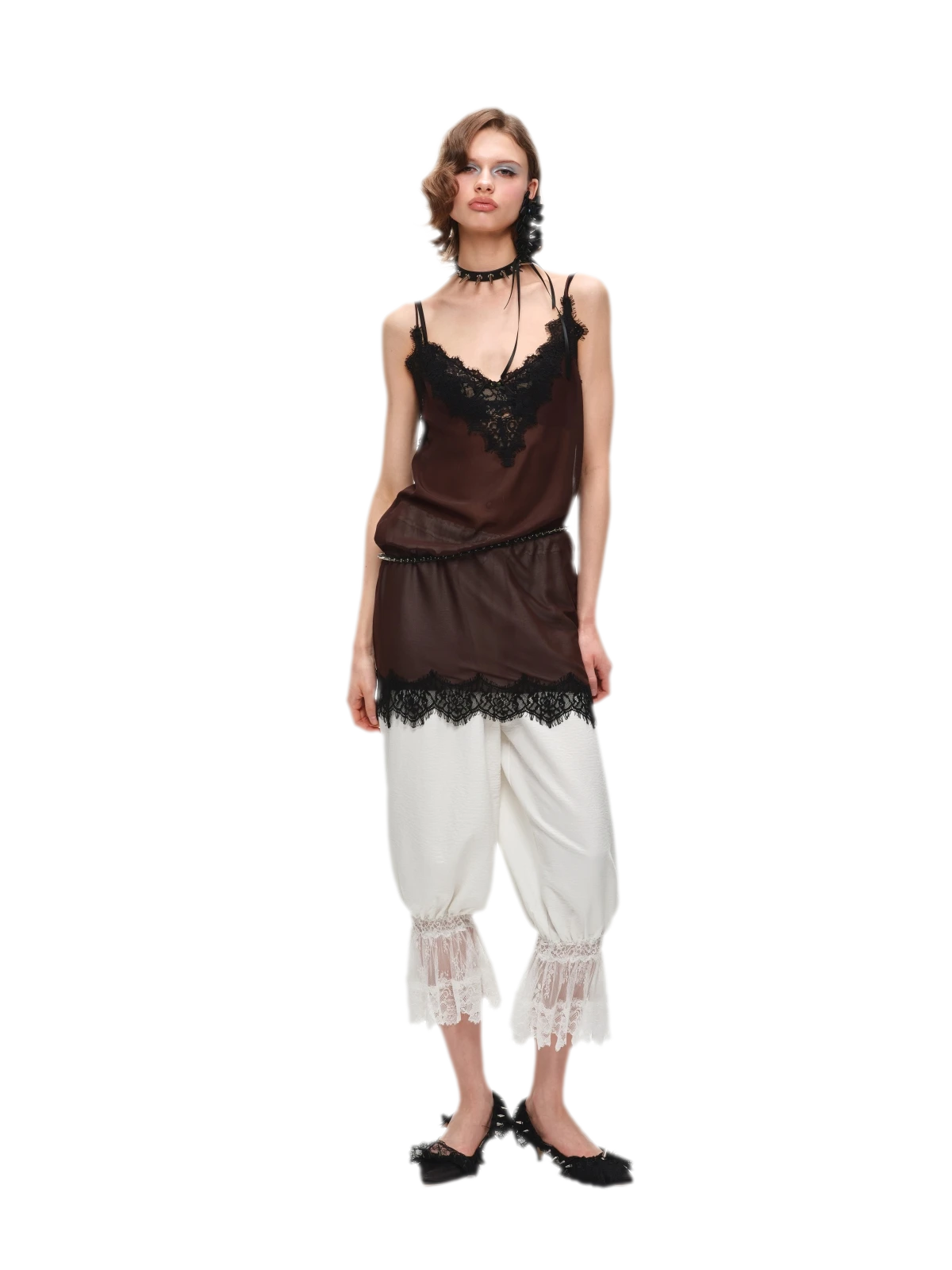 Deep V-Neck Lace Chiffon Satin Dress