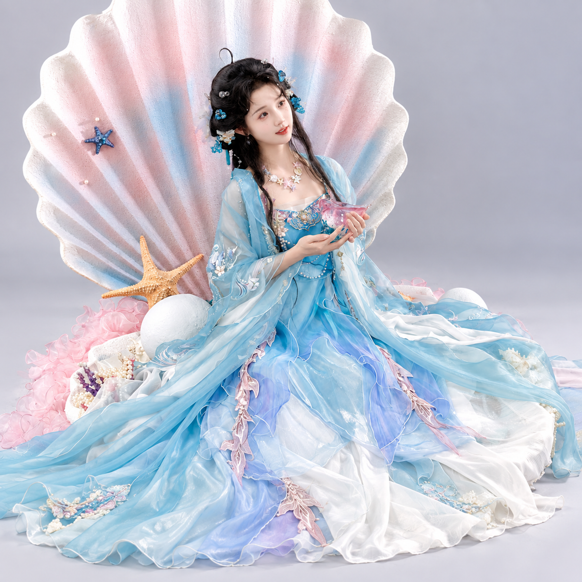Doria Mermaid Song Embroidered Large-Sleeve